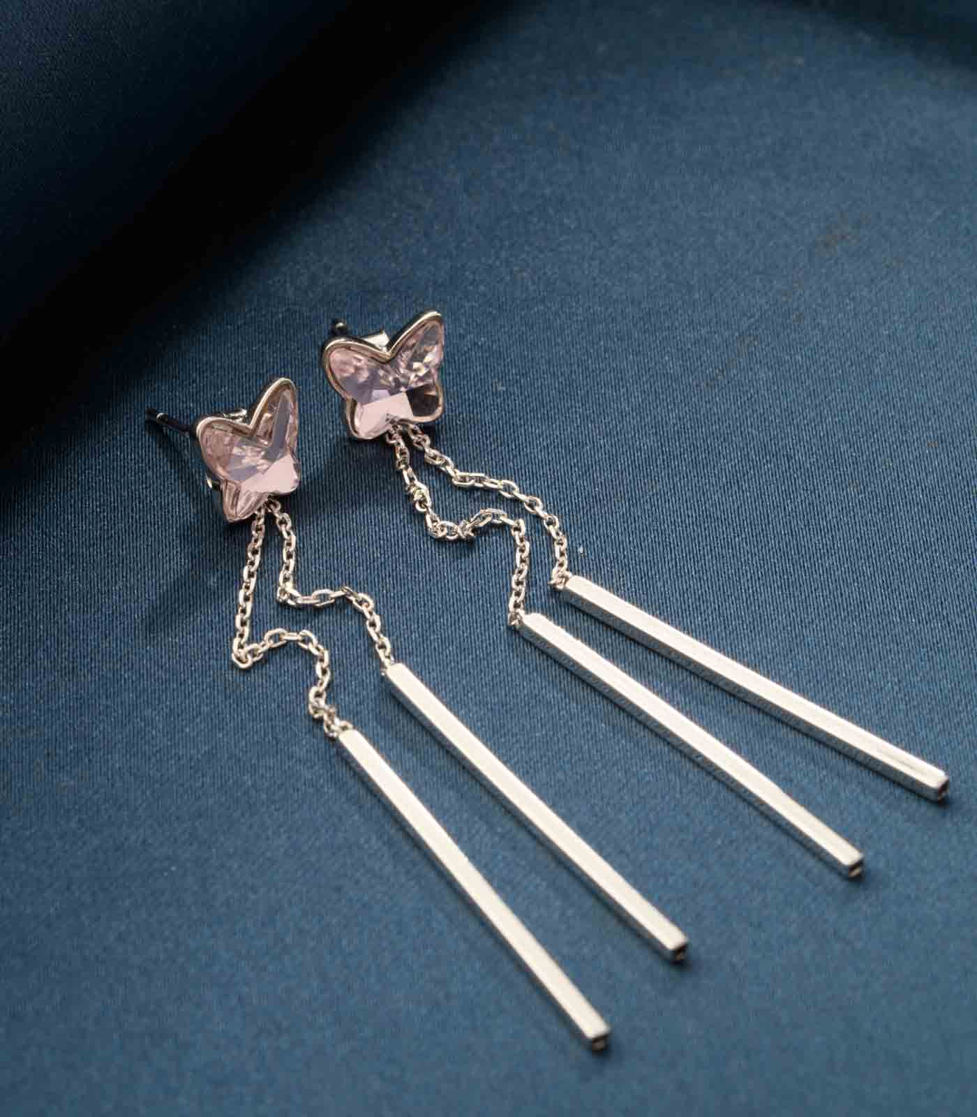 Dangling Rectangles with Pink Stone Butterfly Tops (Silver)