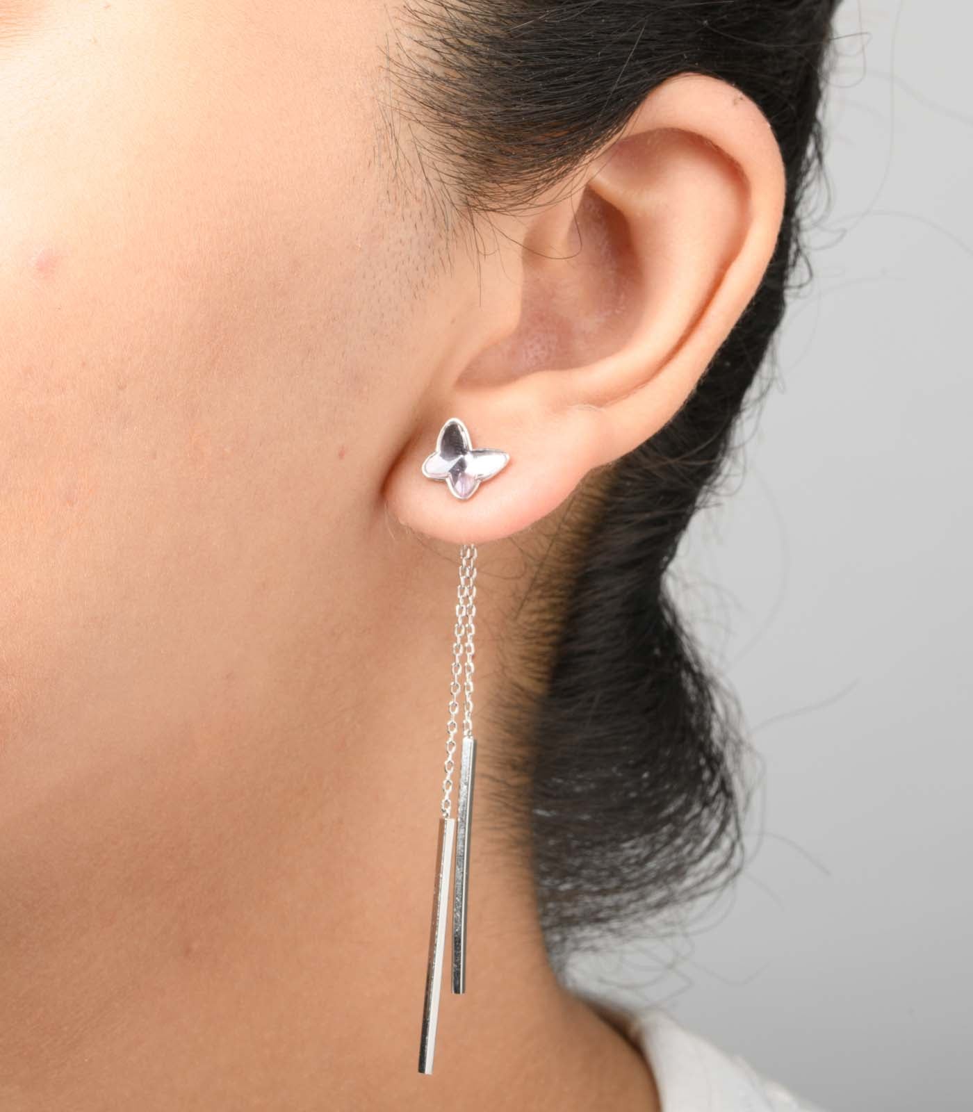 Dangling Rectangles with Pink Stone Butterfly Tops (Silver)