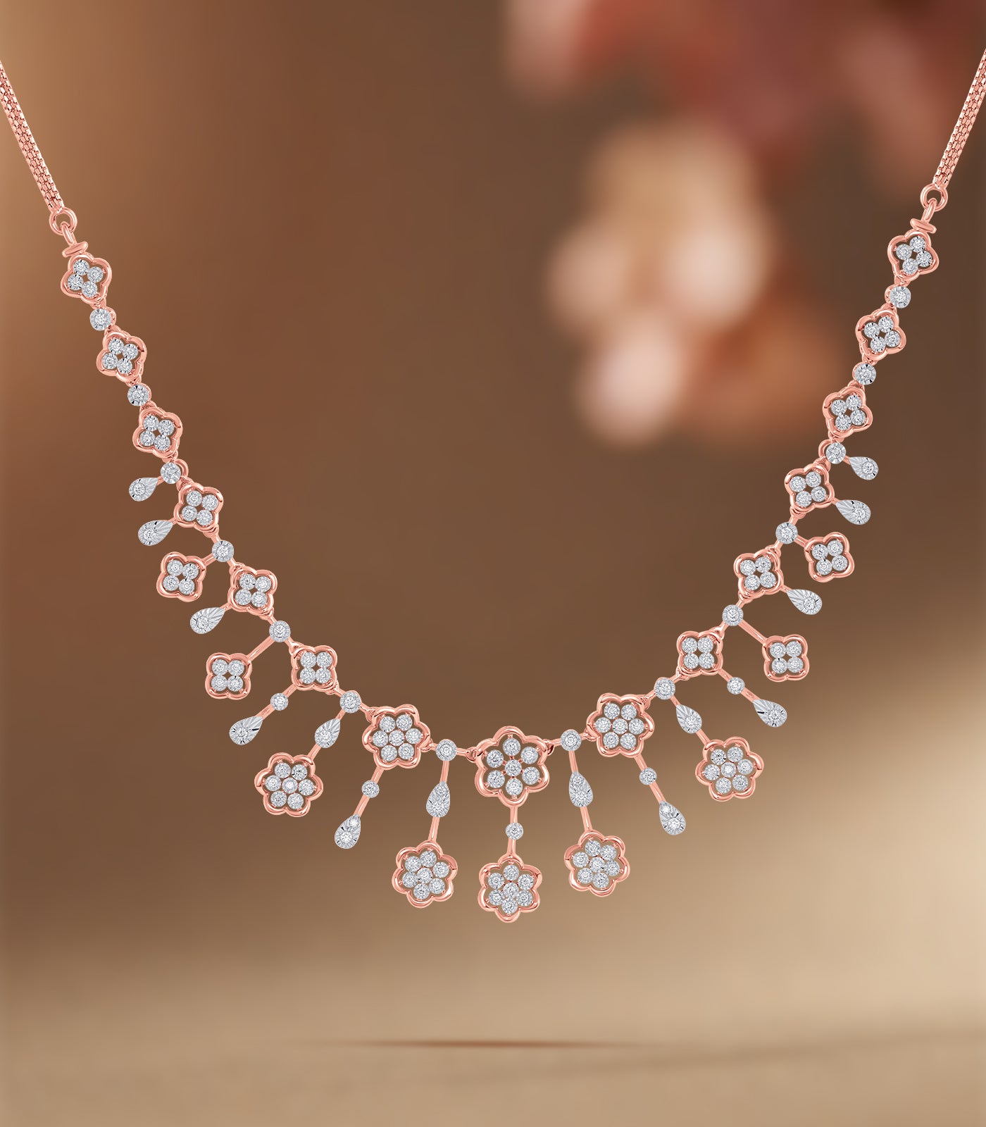Diamond Link Of Flowers Necklace Set