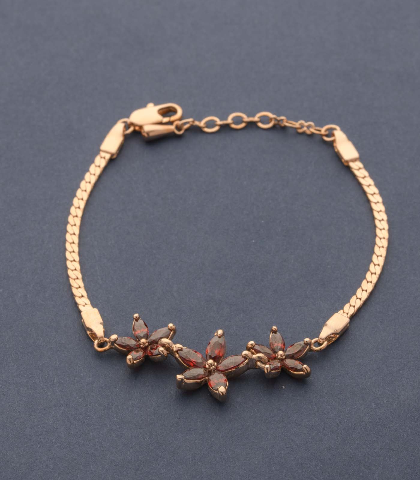 Bejewelled Brass Strings Of Red Flowers Bracelet (Brass)