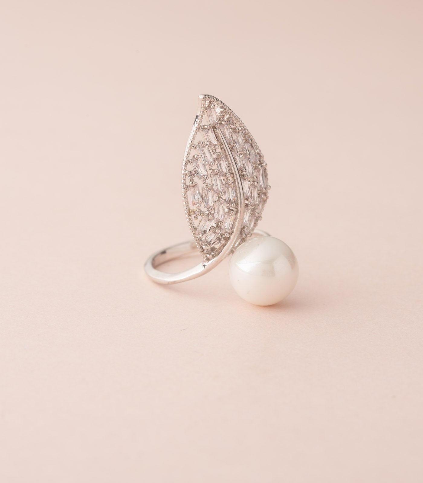 Delicate Pearl Leaflet Ring In Silver Ring (Brass)
