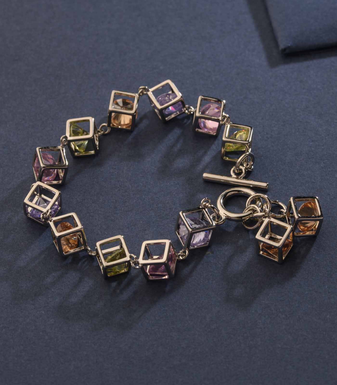 Entangled Silver Cubes Of Beautiful Colourful Gems Bracelet (Brass)