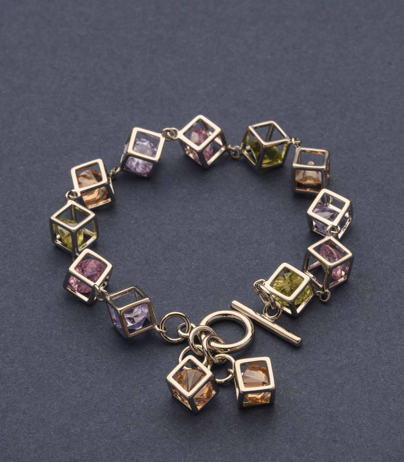 Entangled Silver Cubes Of Beautiful Colourful Gems Bracelet (Brass)
