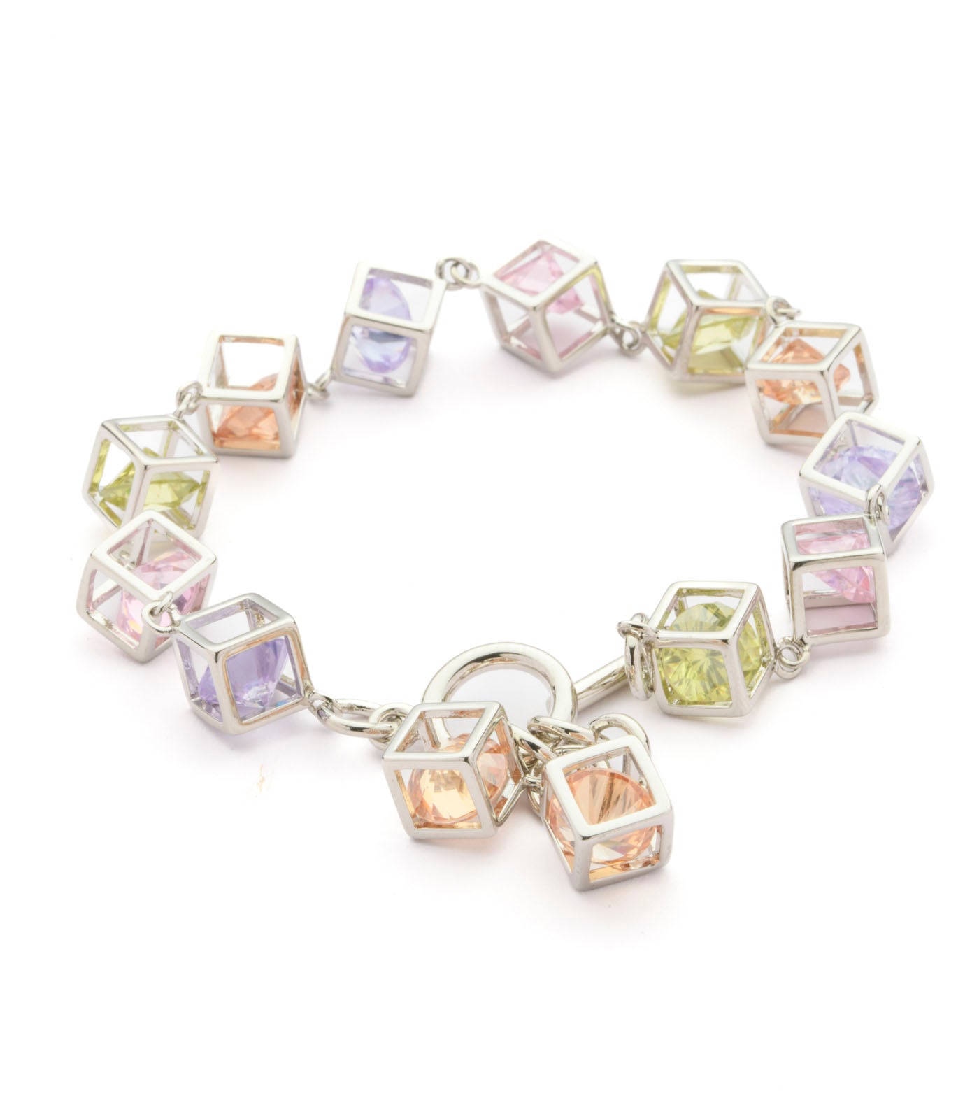 Entangled Silver Cubes Of Beautiful Colourful Gems Bracelet (Brass)