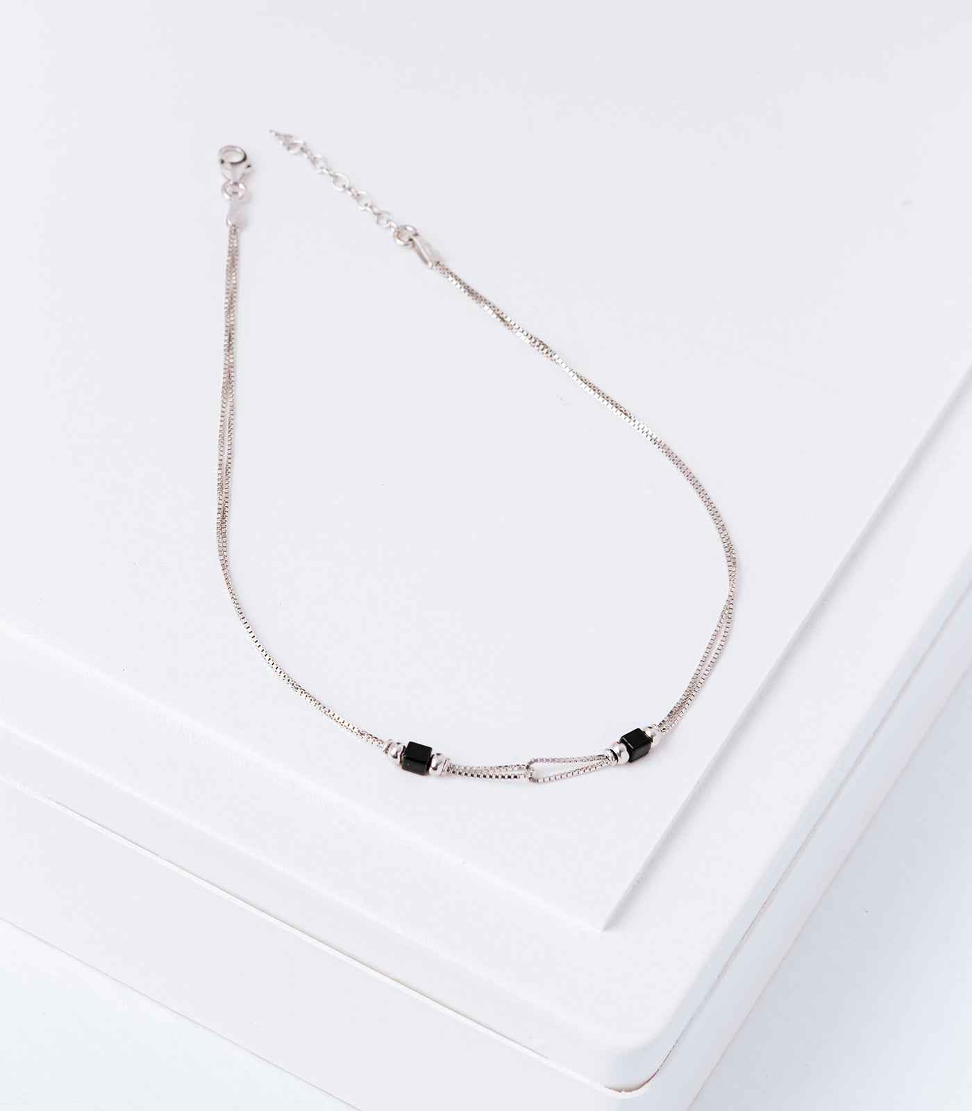 Dual Black Beads Anklet (Silver)