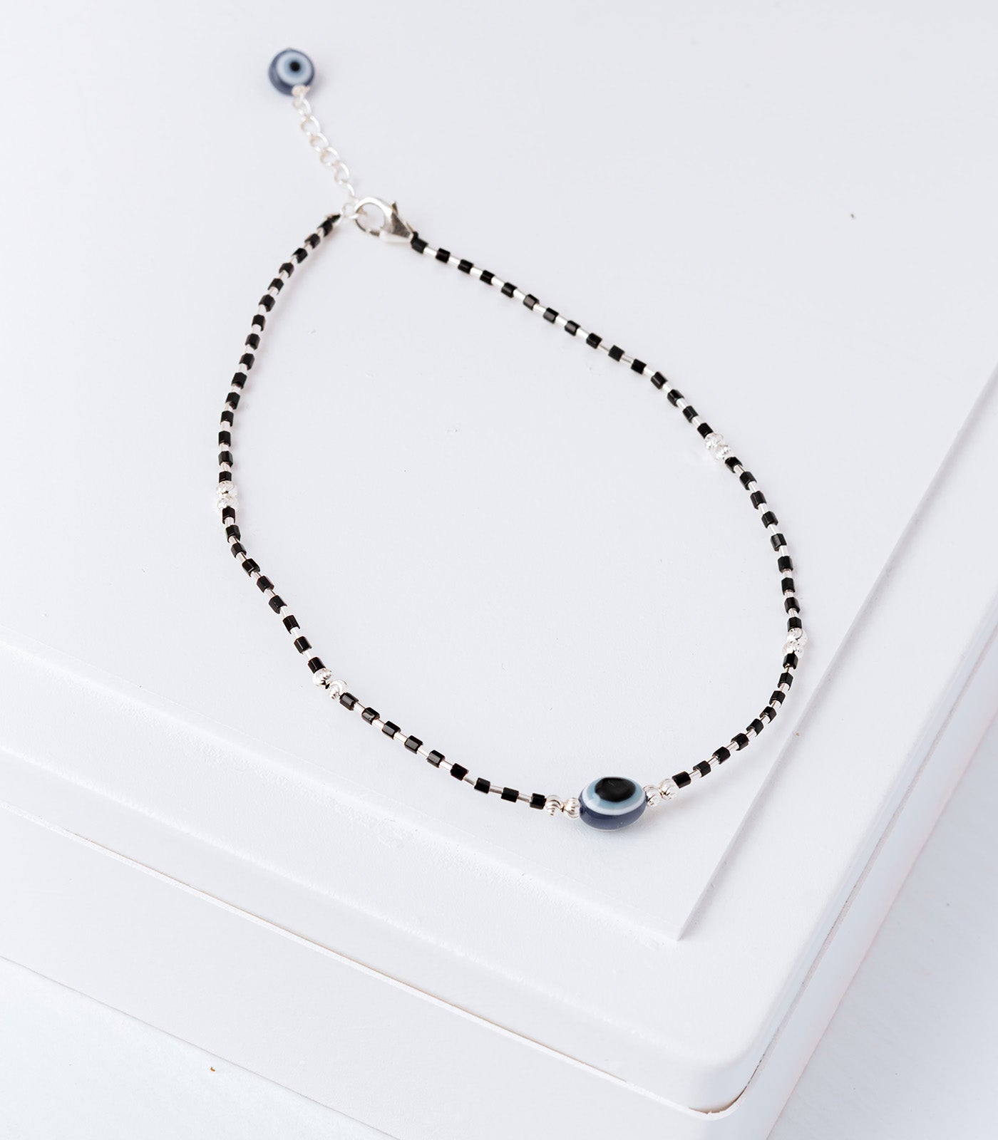 Black Beads Evil Eye Anklet (Silver)