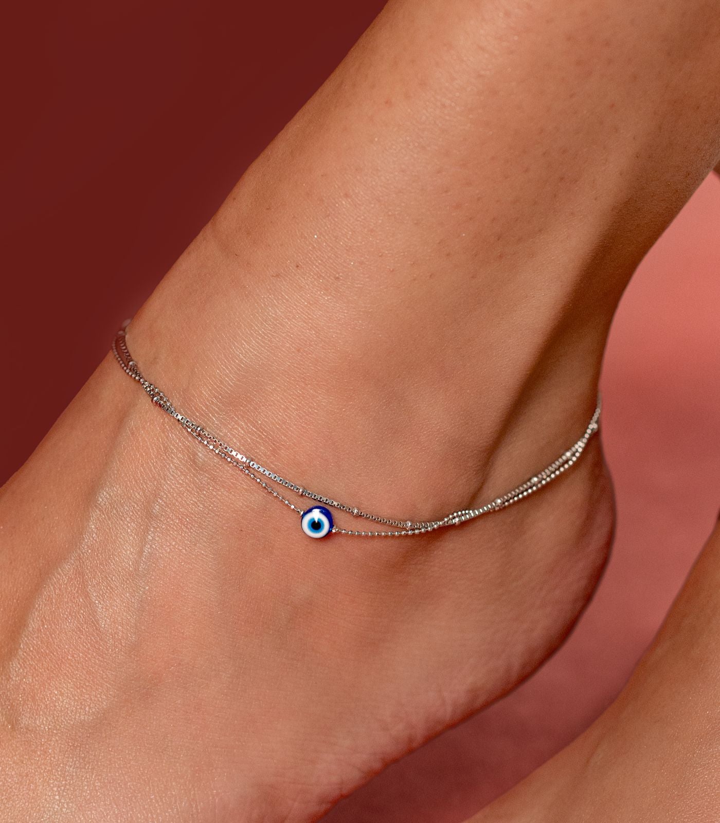 Dual Layered Evil Eye Anklet (Silver)