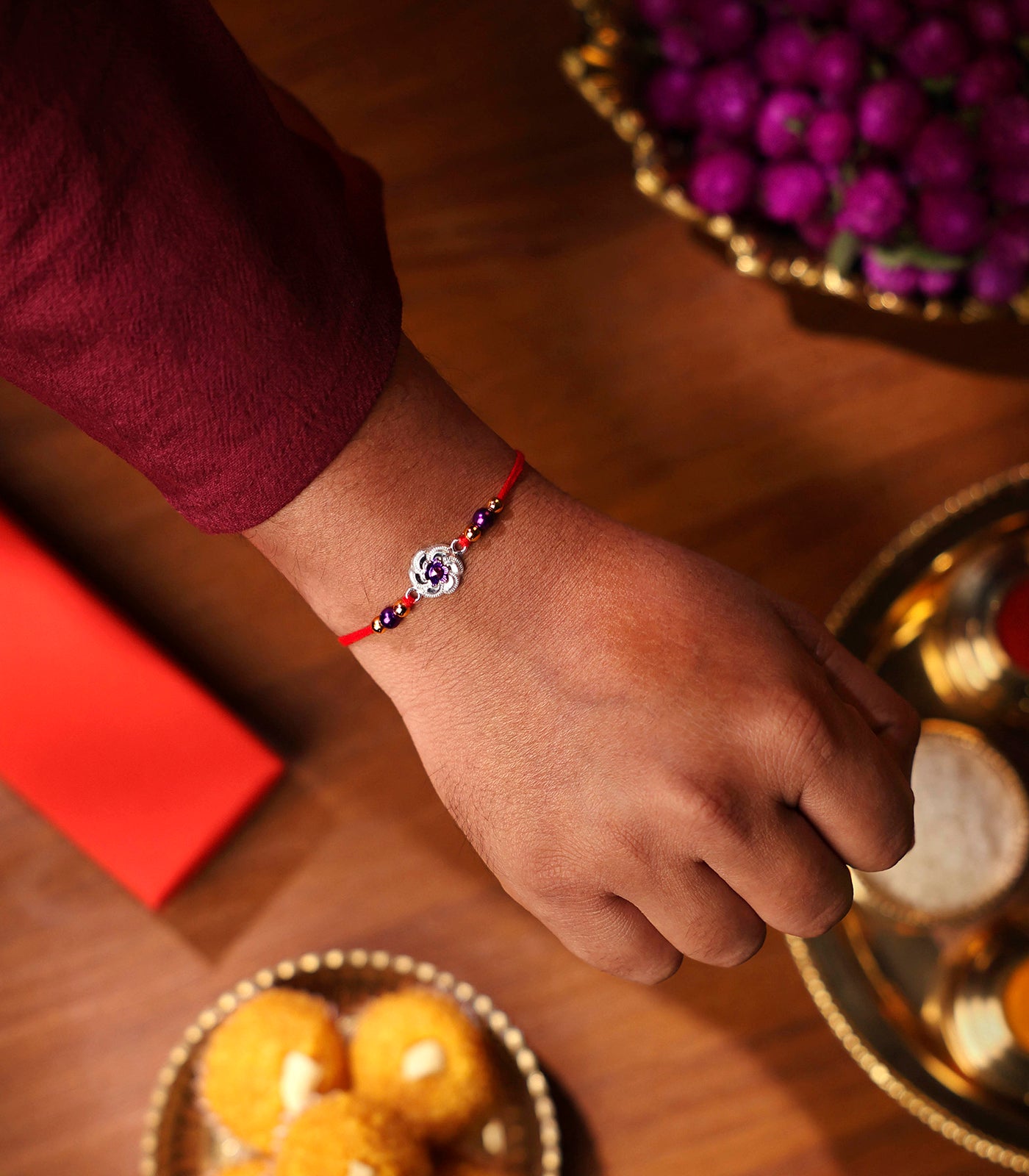 Silver Rakhi - Violet Floral Design