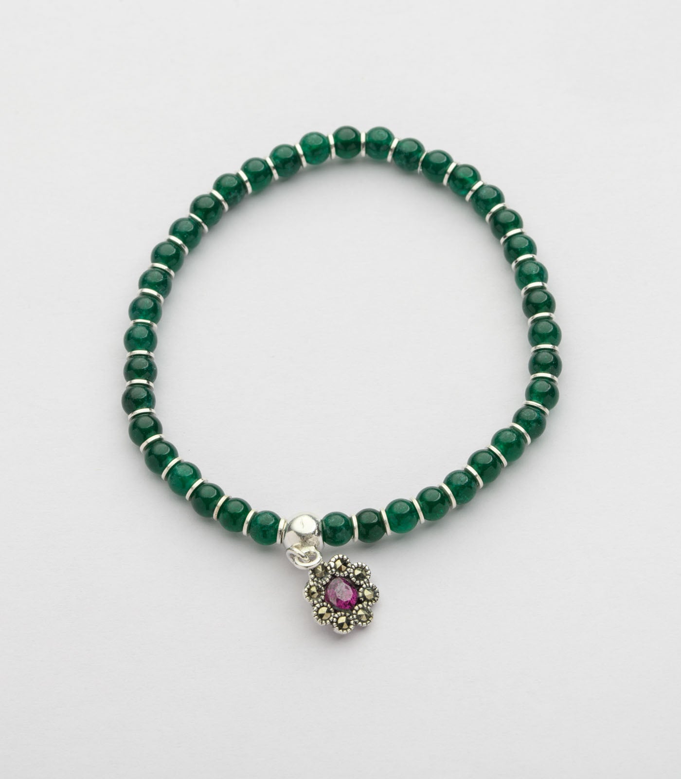 Floral Charm Green Beads Bracelet (Silver)