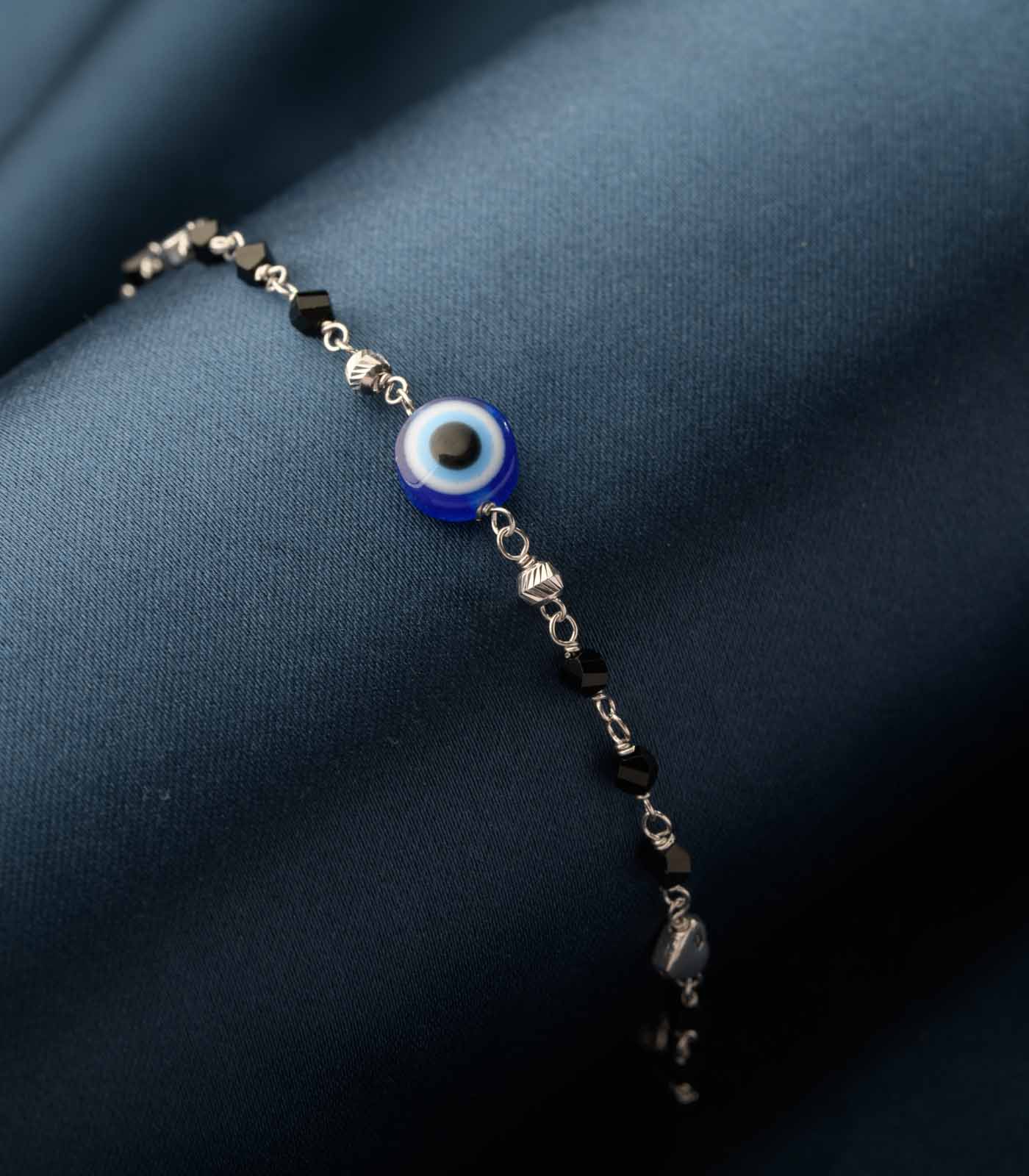 Evil Eye Black Beaded Mangalsutra Bracelet (Silver)