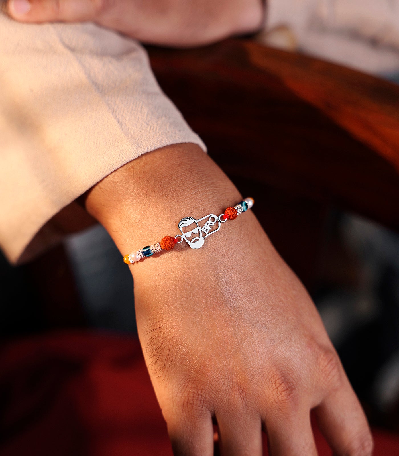 Silver Rudraksh Rakhi - Bro Text Design