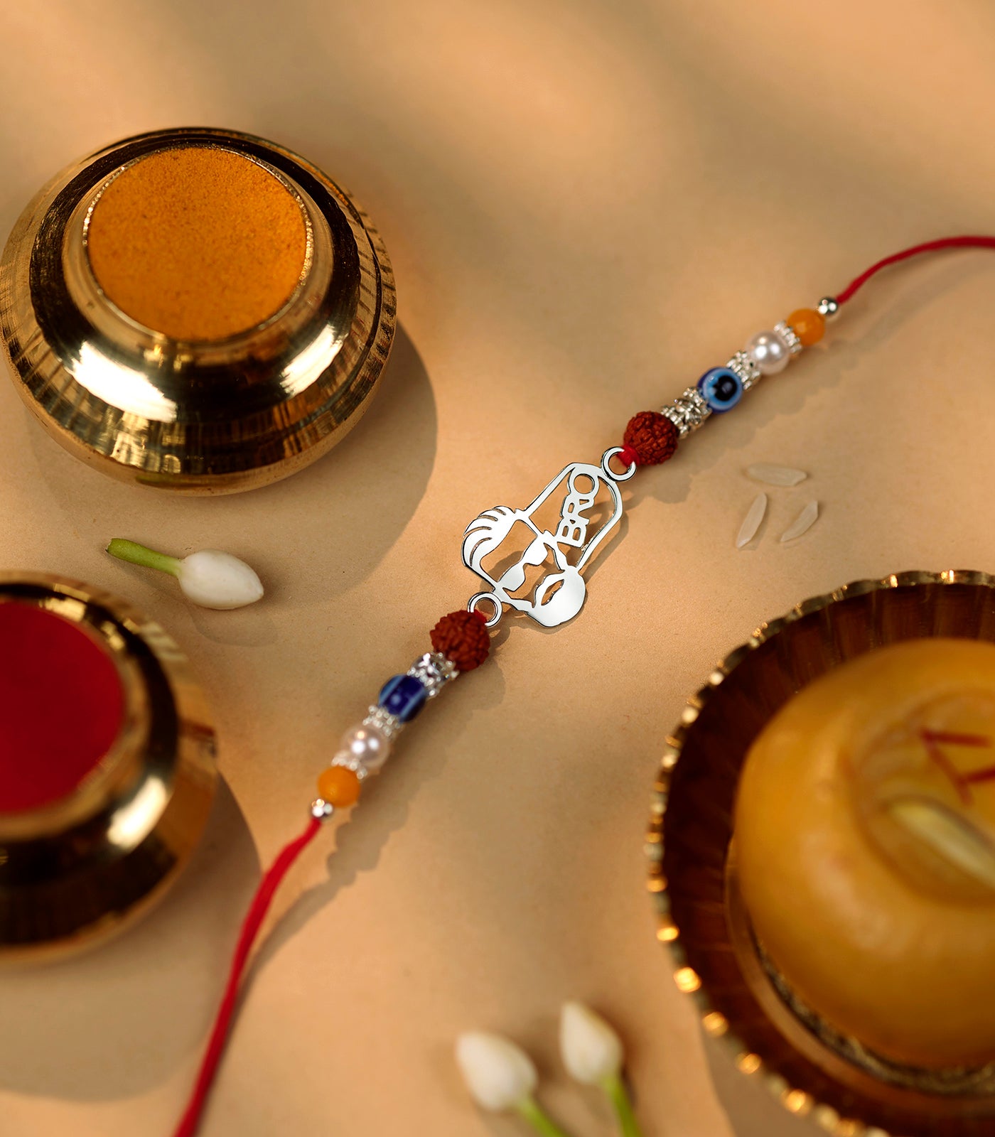 Silver Rudraksh Rakhi - Bro Text Design