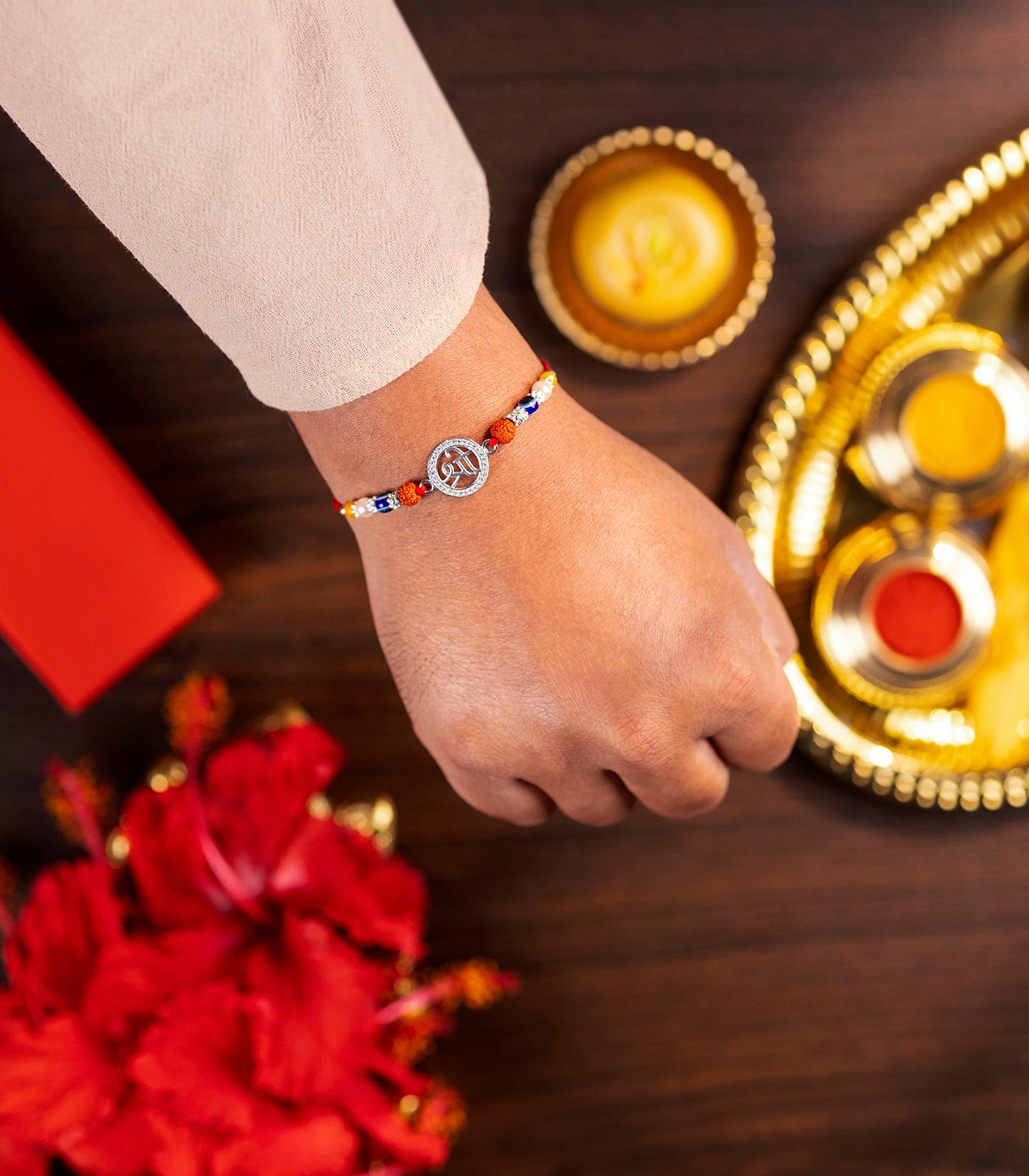 Silver Rudraksh Rakhi - Shri Text Design