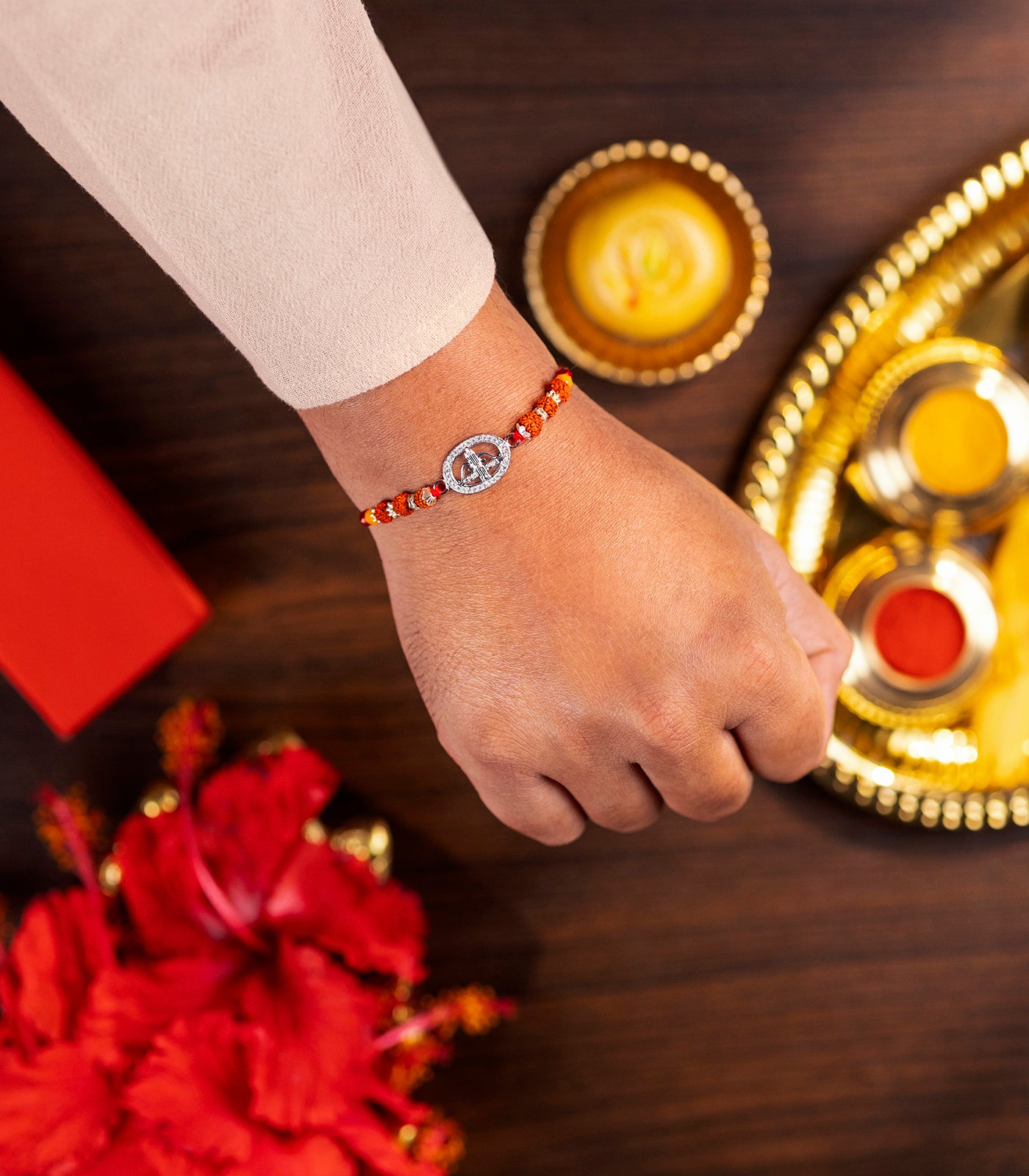 Silver Rudraksh Rakhi - Jay Shree Shyam Text Design