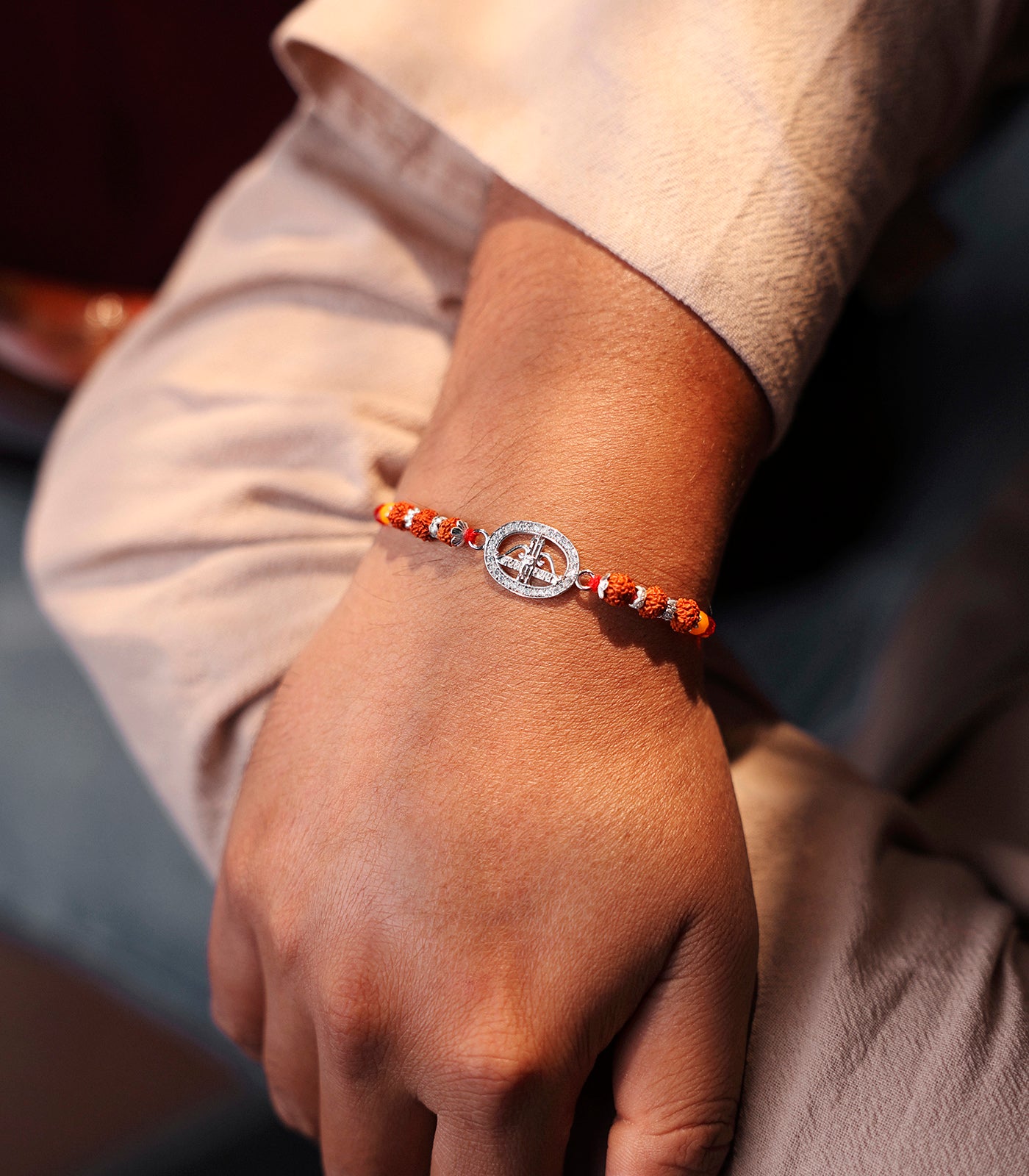 Silver Rudraksh Rakhi - Jay Shree Shyam Text Design