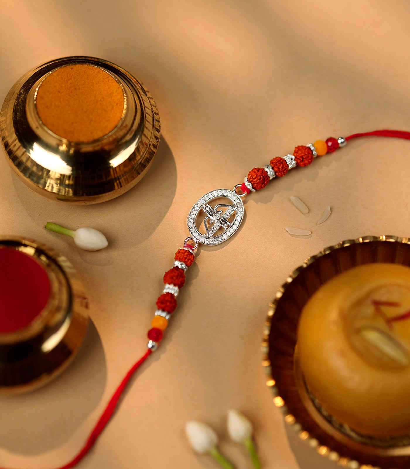 Silver Rudraksh Rakhi - Jay Shree Shyam Text Design