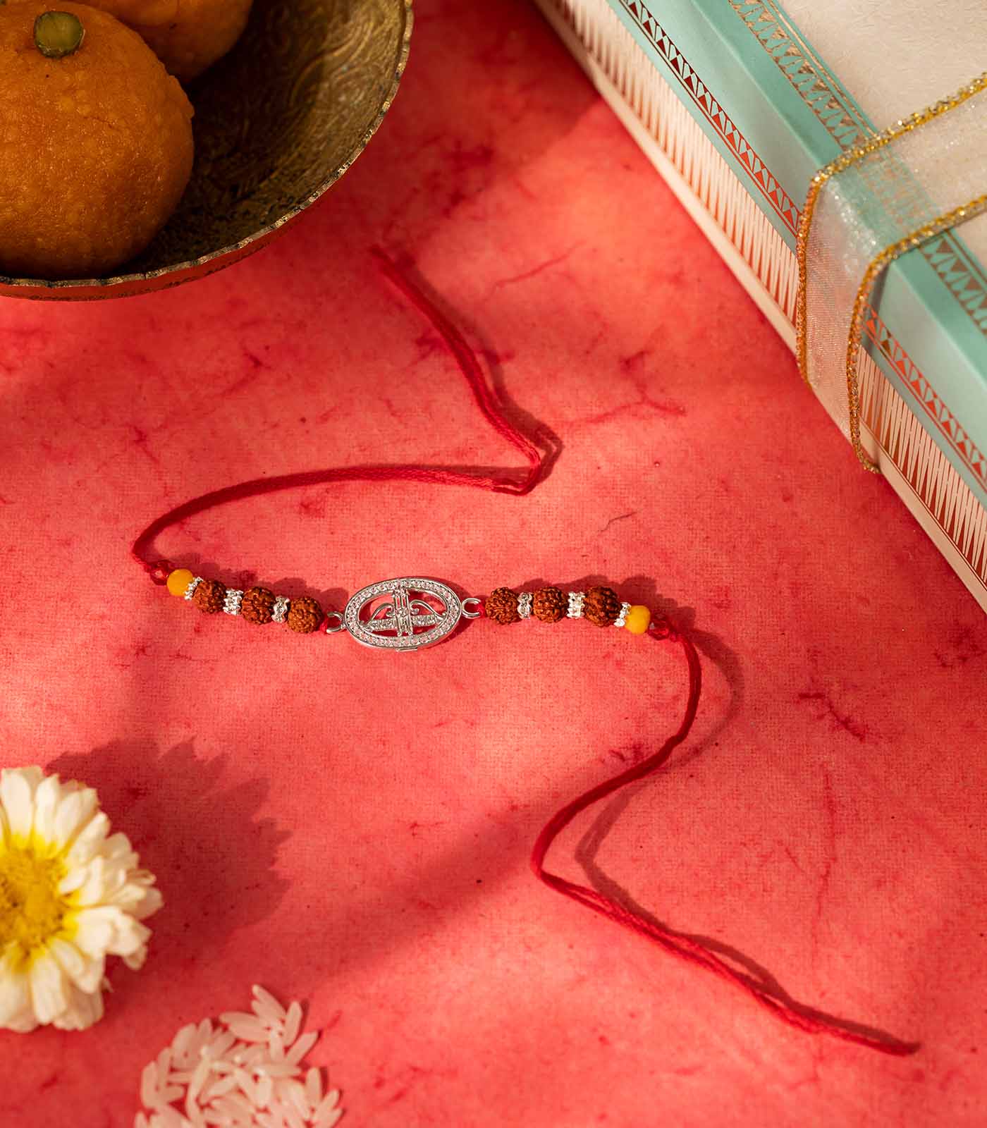 Silver Rudraksh Rakhi - Jay Shree Shyam Text Design