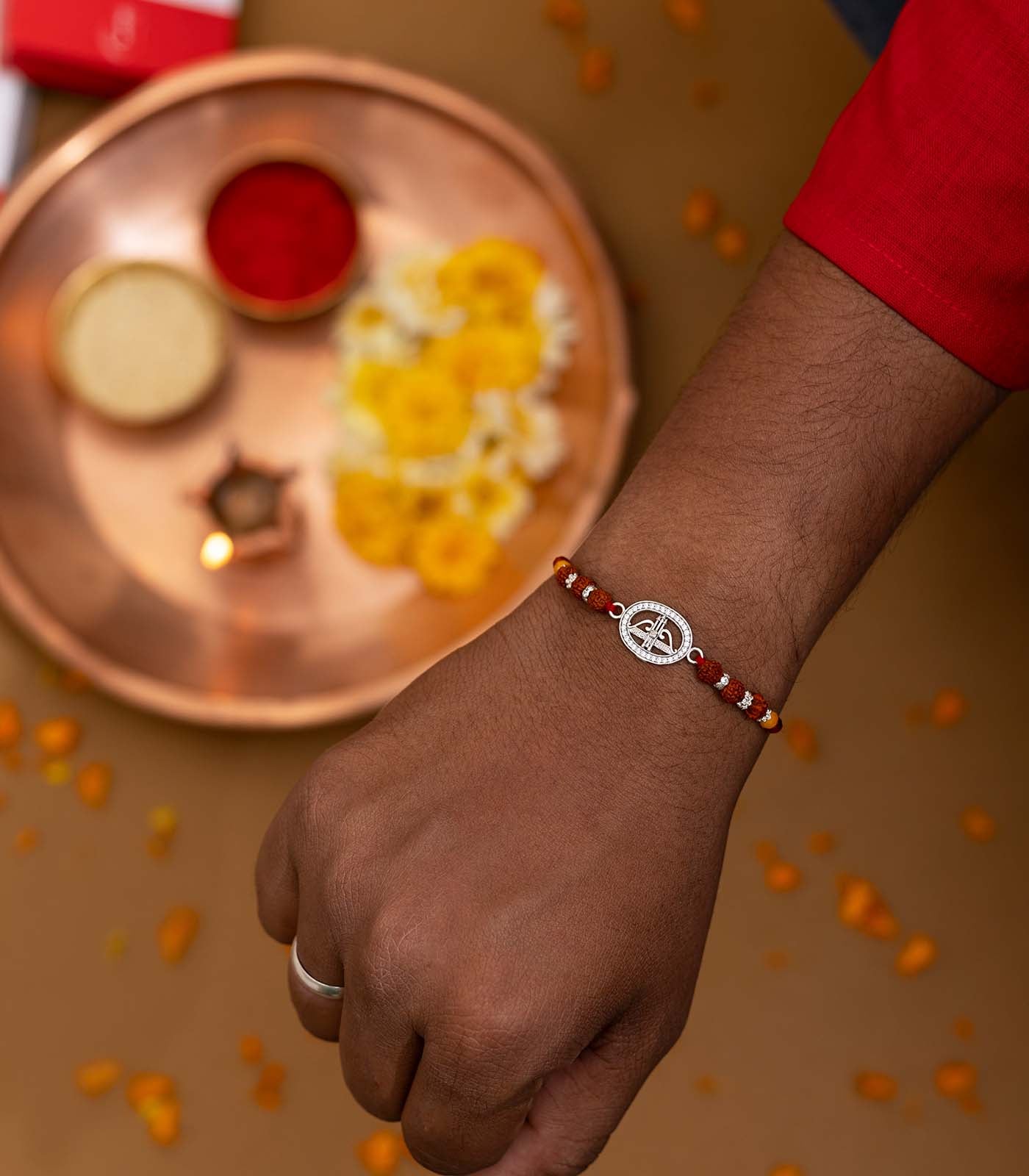 Silver Rudraksh Rakhi - Jay Shree Shyam Text Design