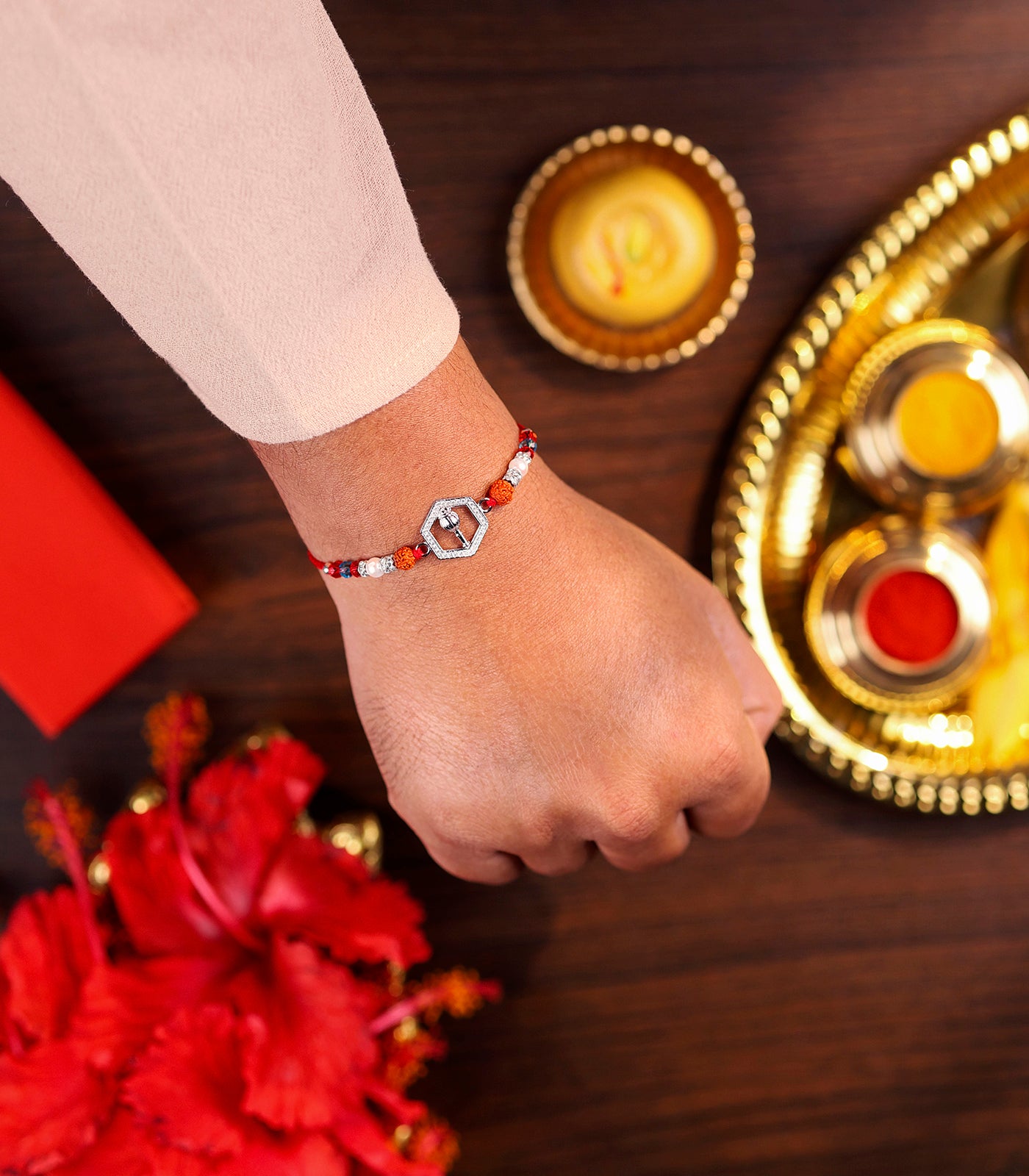 Silver Rudraksh Rakhi - Hanuman Gada Design