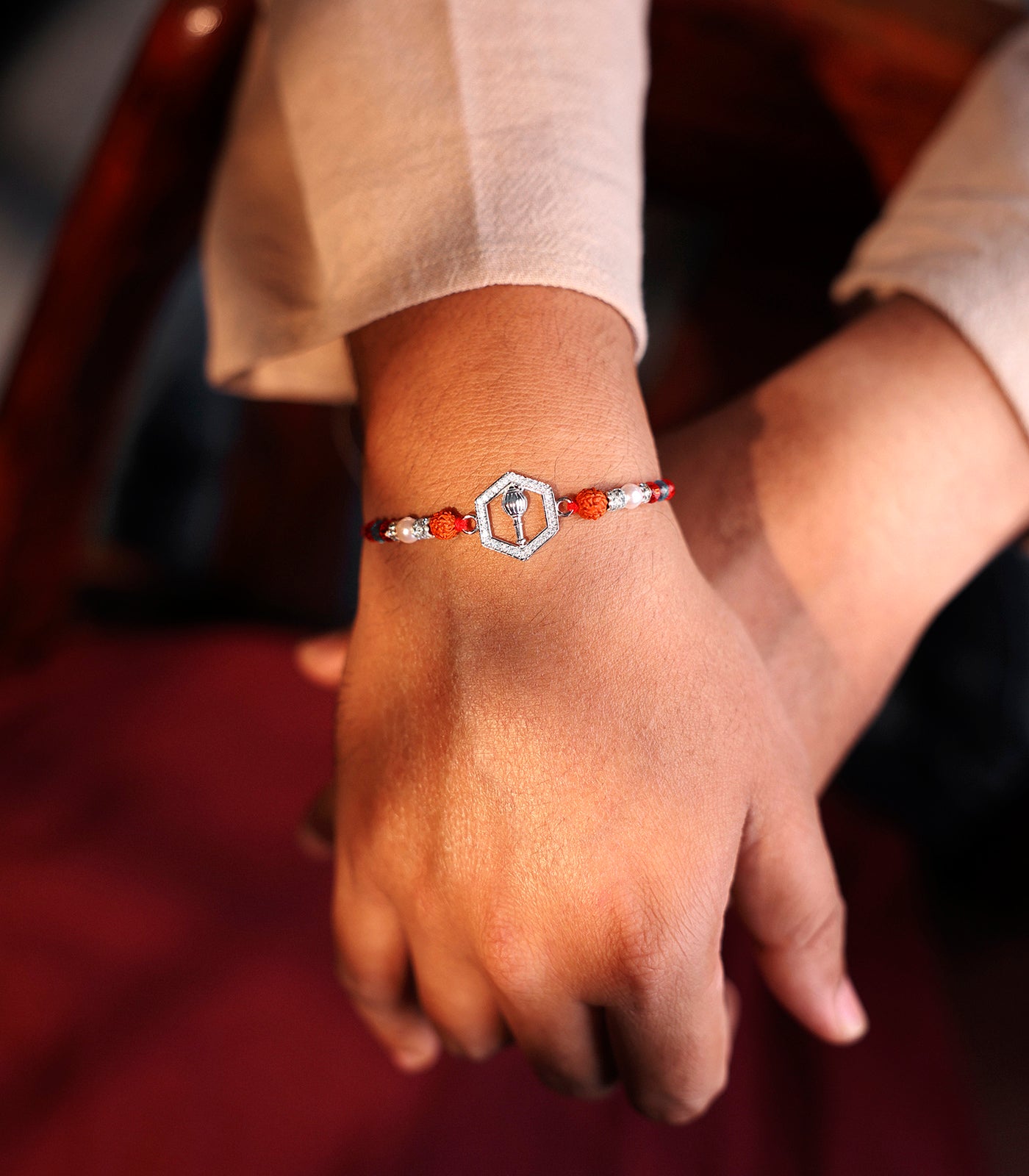Silver Rudraksh Rakhi - Hanuman Gada Design