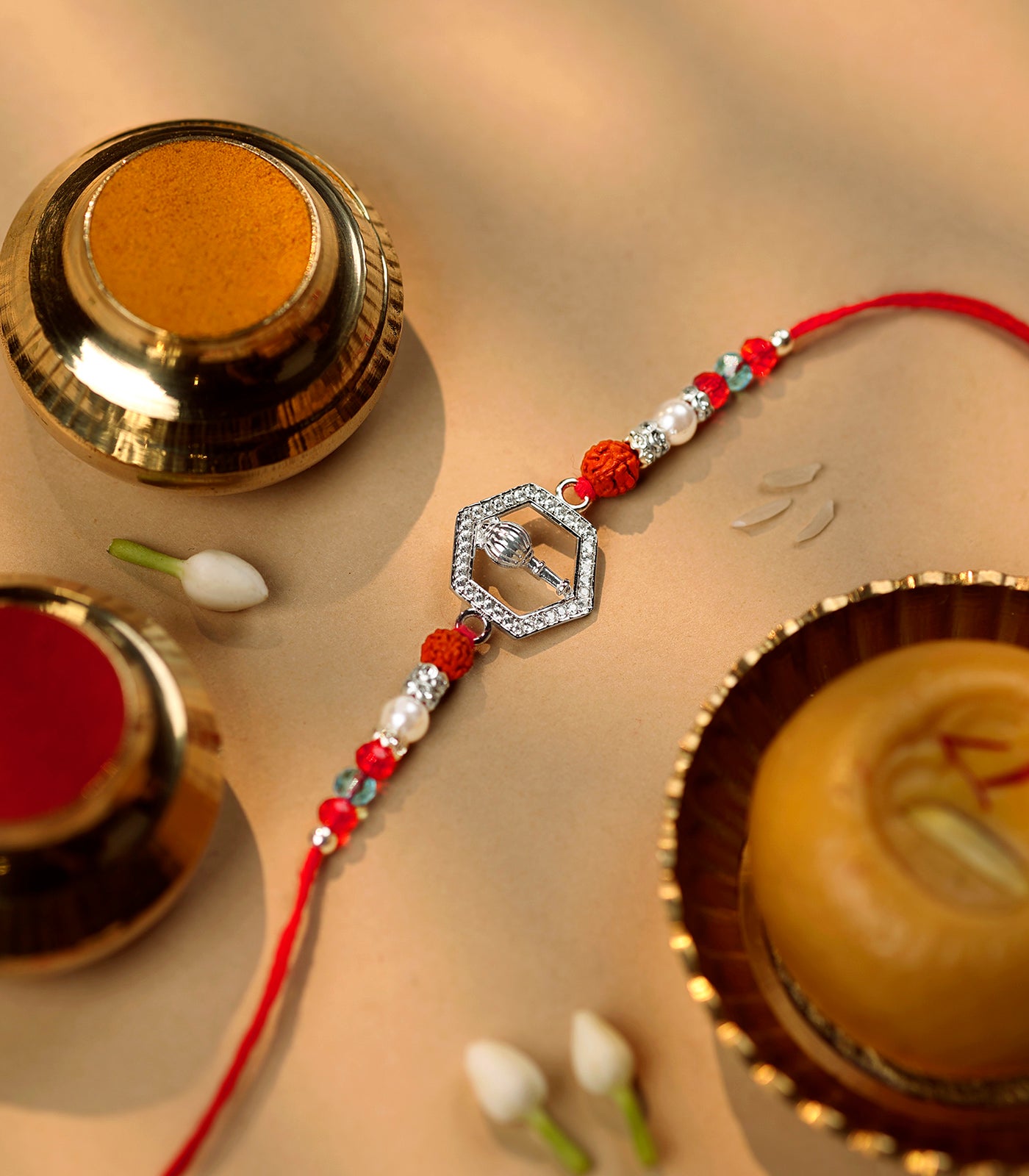 Silver Rudraksh Rakhi - Hanuman Gada Design