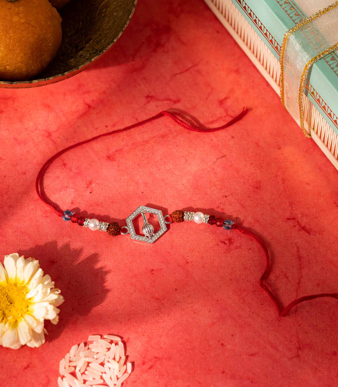 Silver Rudraksh Rakhi - Hanuman Gada Design