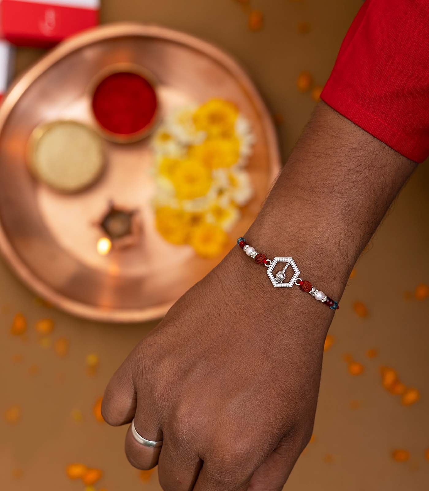 Silver Rudraksh Rakhi - Hanuman Gada Design