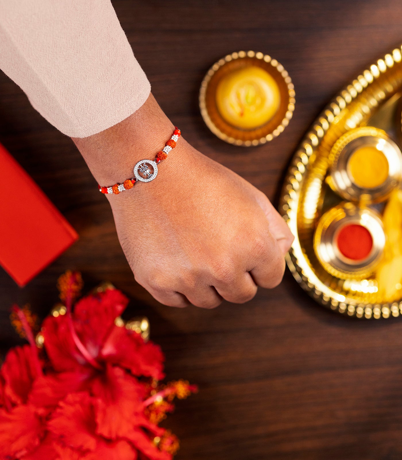 Silver Rudraksh Rakhi - Trishul & Damru Design