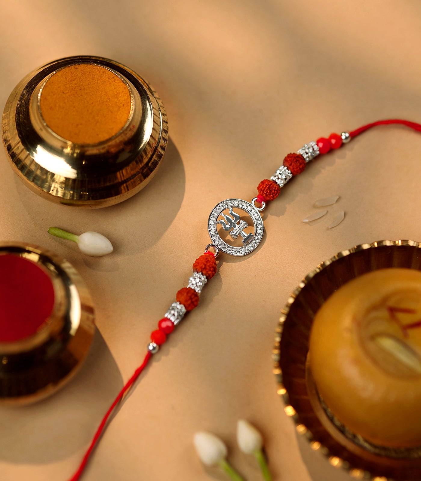 Silver Rudraksh Rakhi - Trishul & Damru Design
