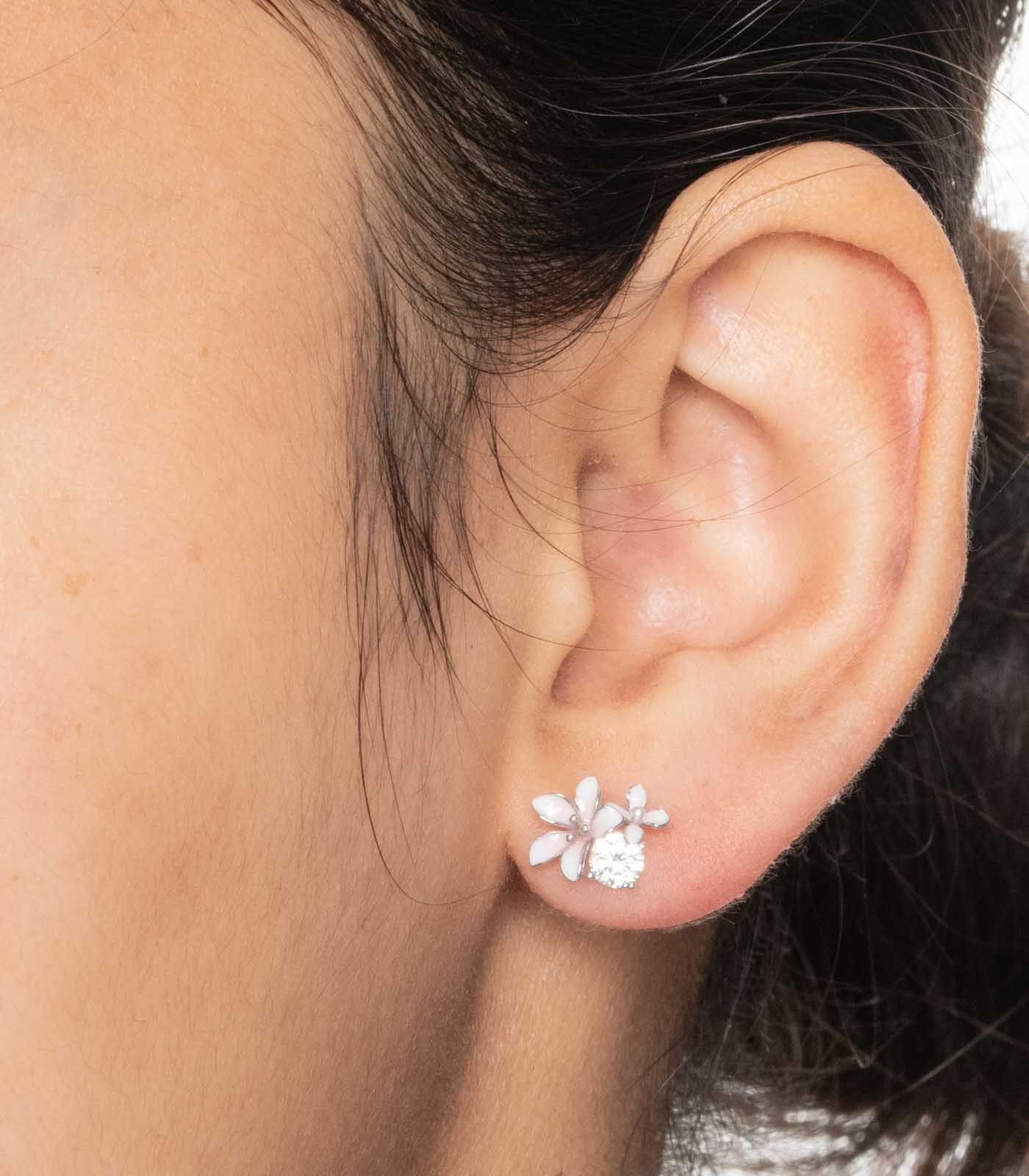 Stone And Flower Earrings (Silver)