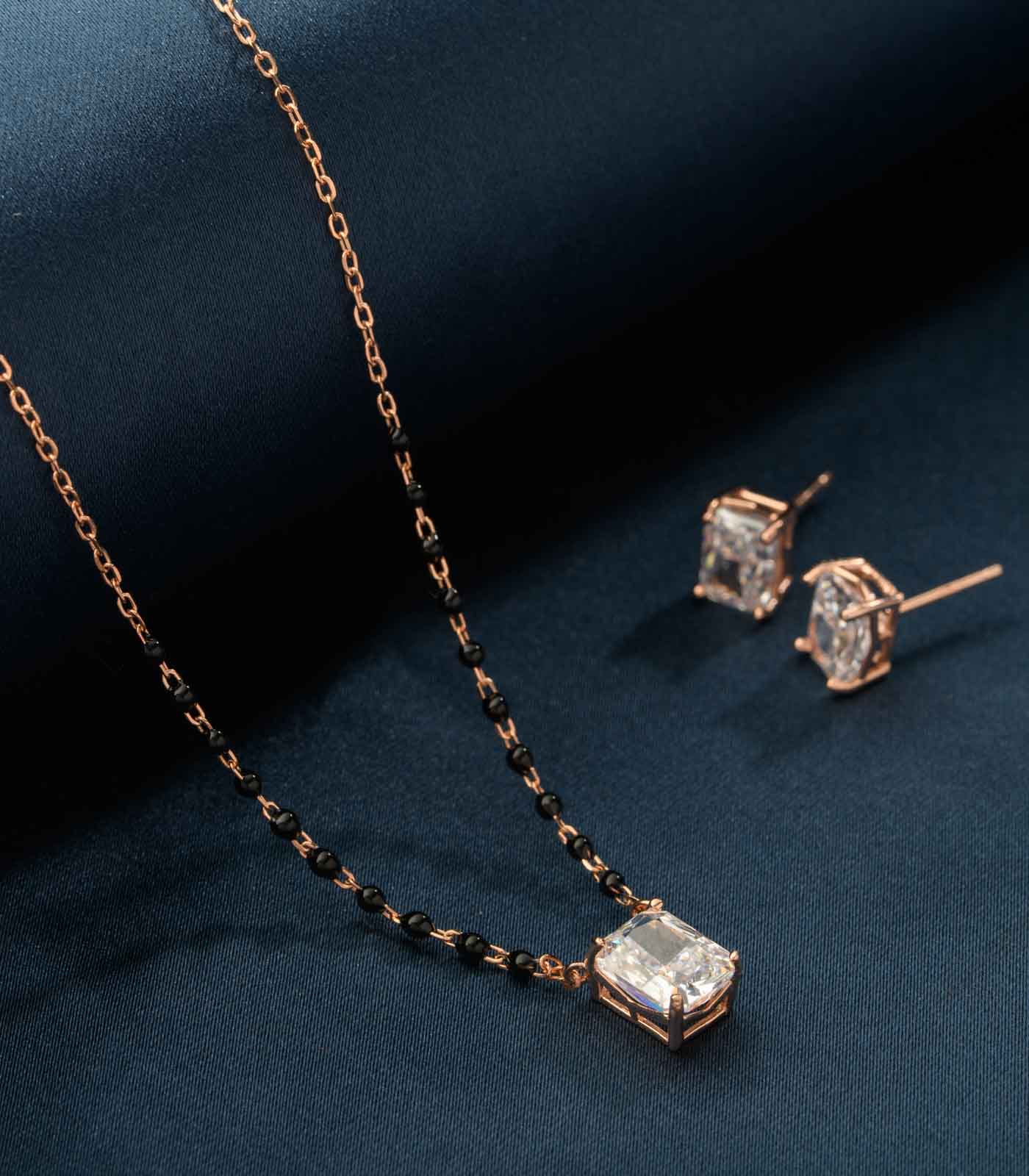 Rectangle Stone Rose Gold Polish Mangalsutra Pendant Set (Silver)