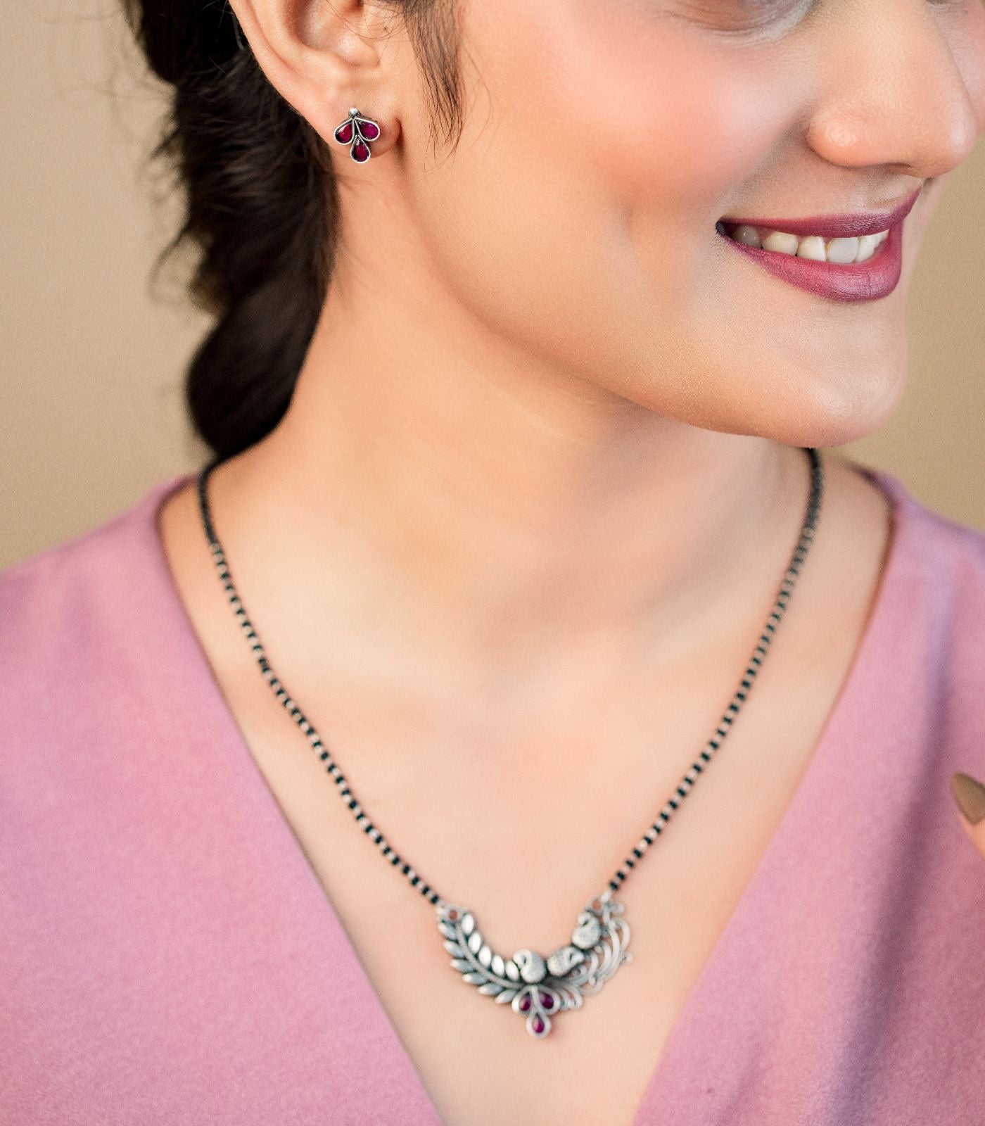 Violet Stone Peacock Motif Antique Mangalsutra Set (Silver)