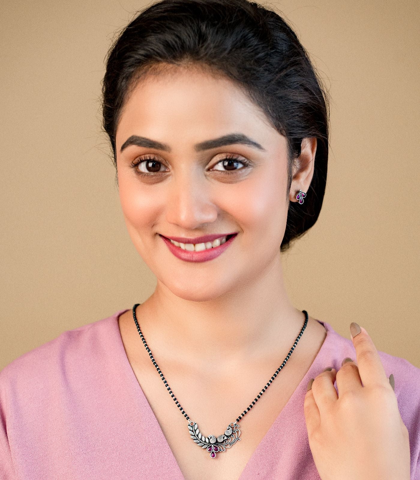 Violet Stone Peacock Motif Antique Mangalsutra Set (Silver)