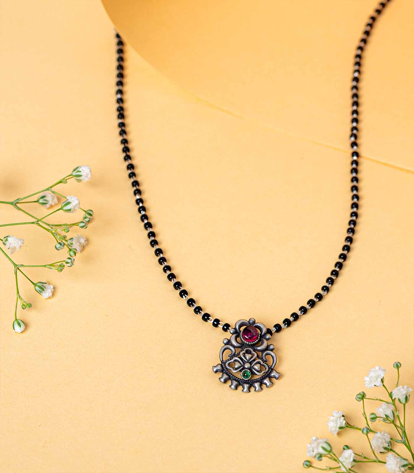 Multistone Floral Motif Antique Mangalsutra (Silver)