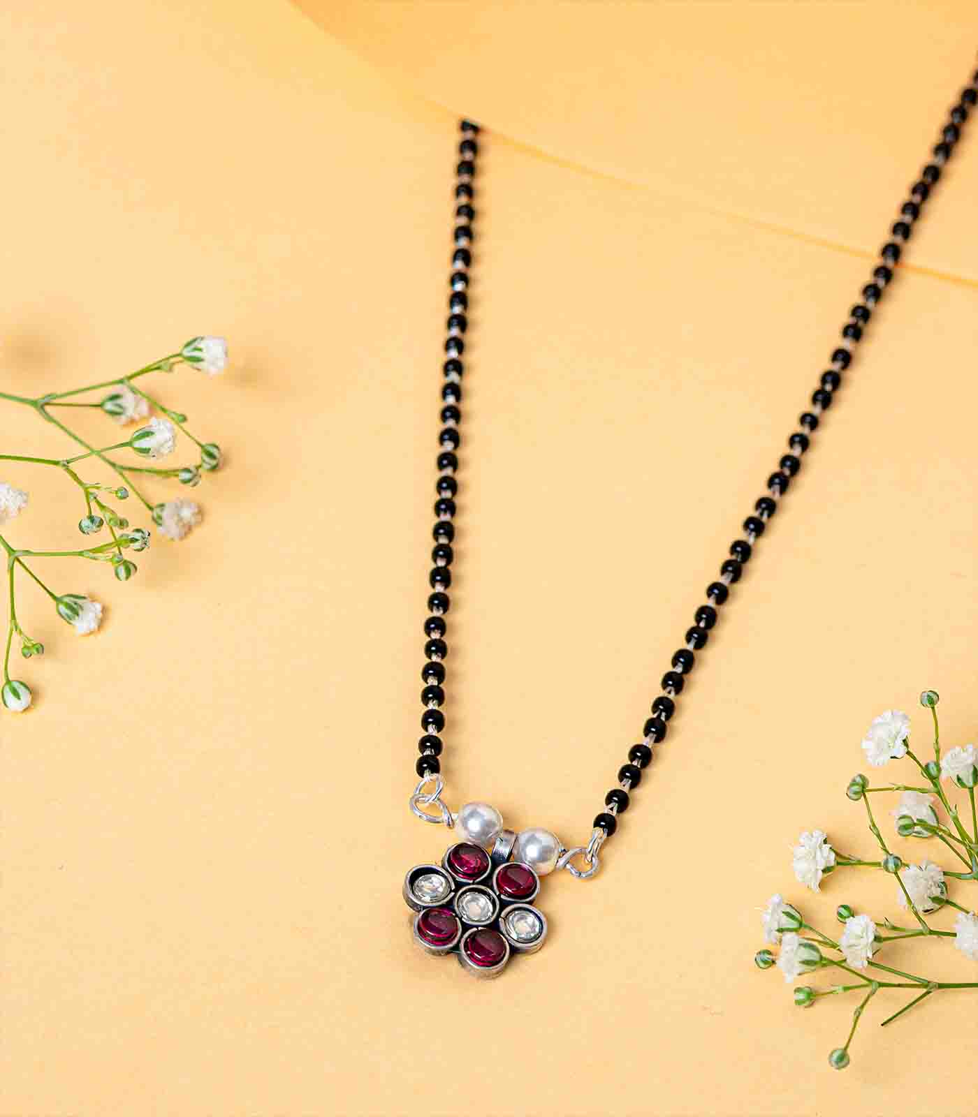 Multistone Floral Motif Antique Mangalsutra (Silver)