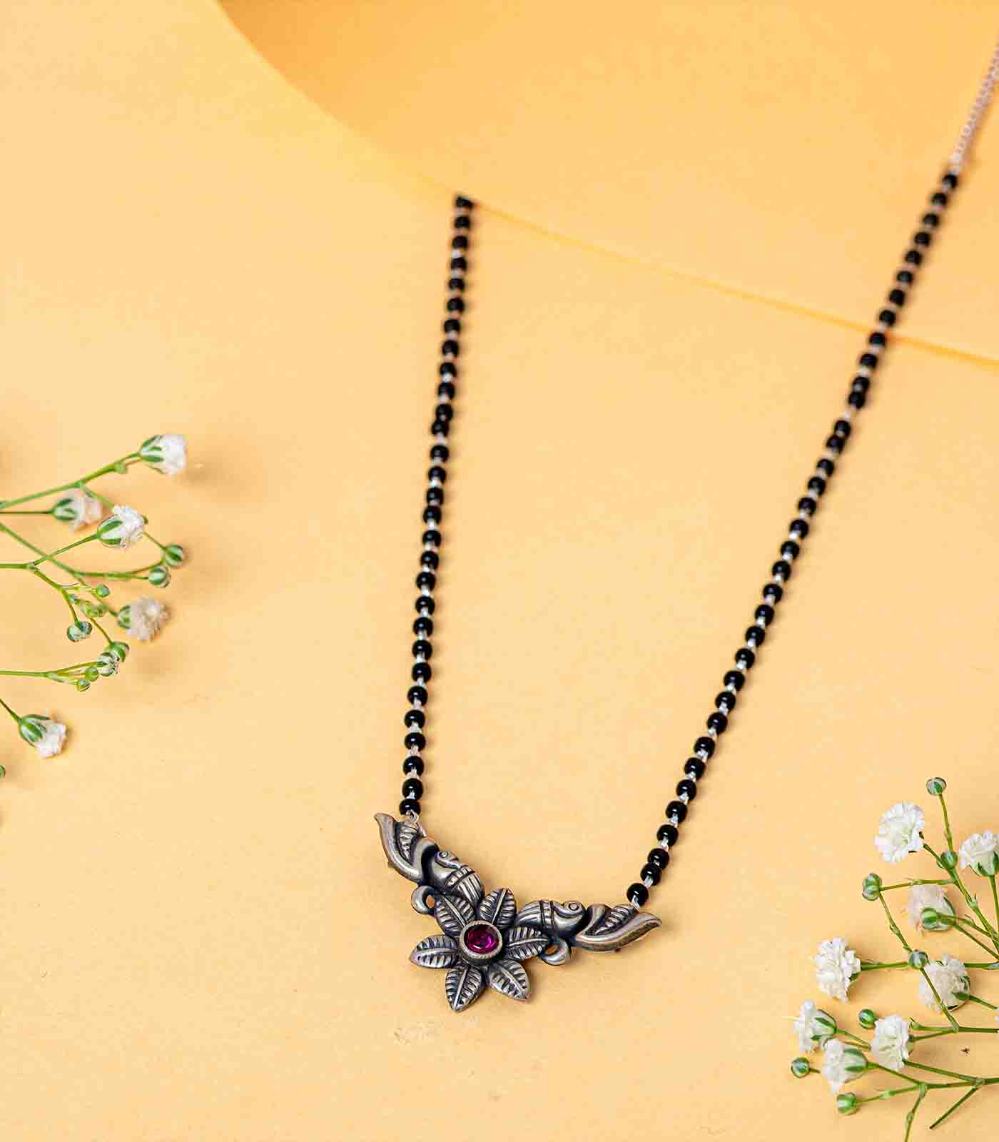 Floral Stone Antique Mangalsutra (Silver)