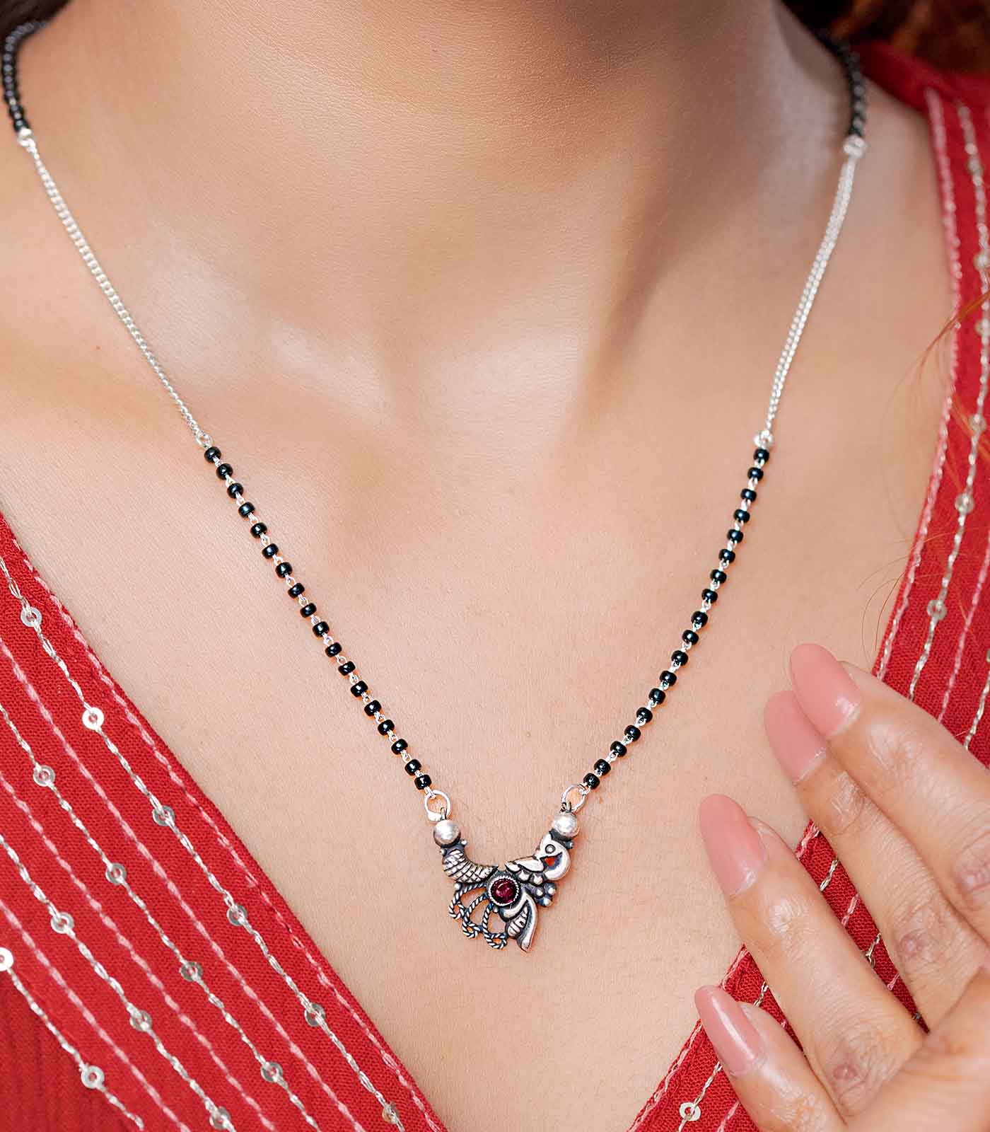 Peacock Stone Motif Antique Mangalsutra (Silver)