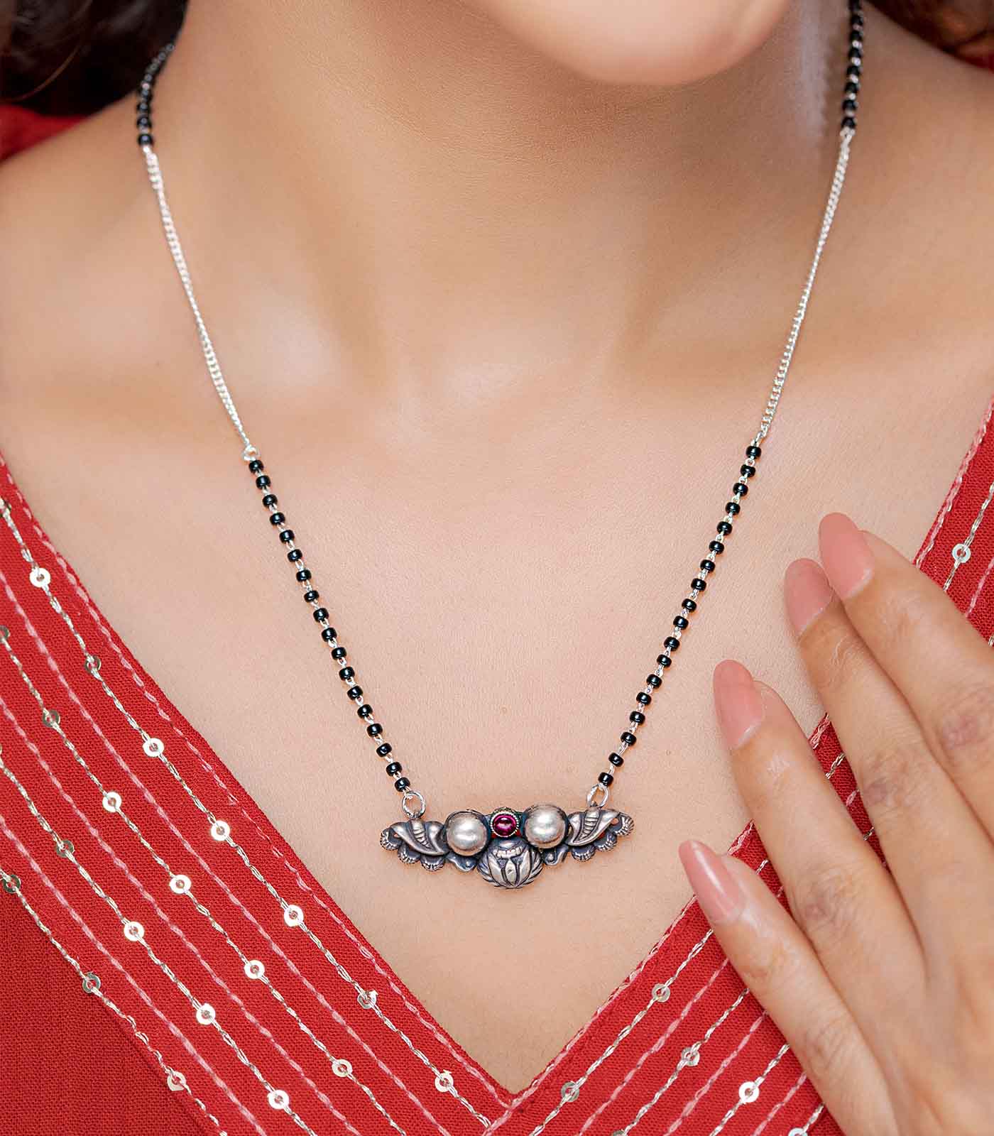 Traditional Stone with Dual Orb Antique Mangalsutra (Silver)