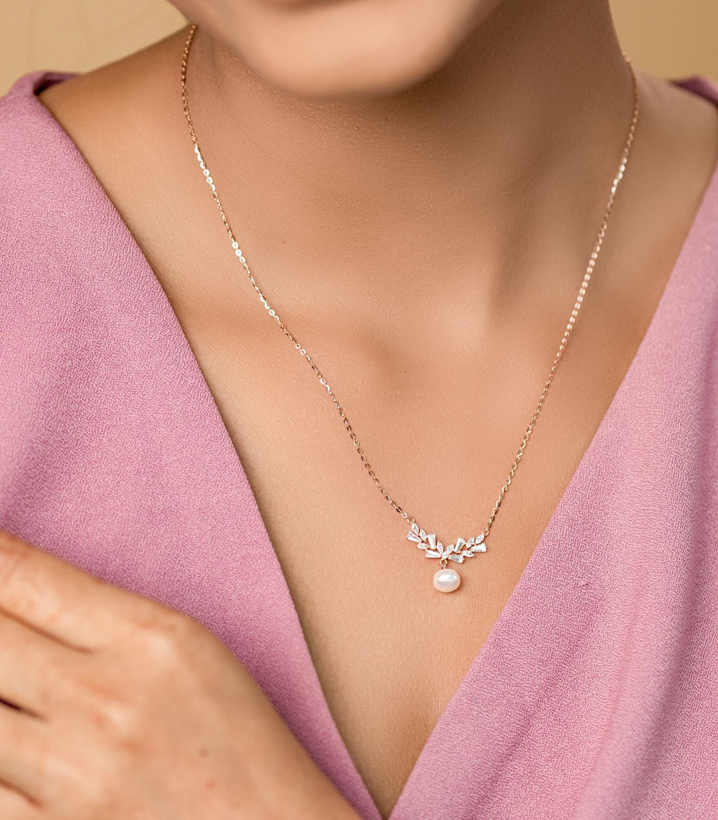 Dangling Bell And Pearl Gold Colour Necklace (Silver)