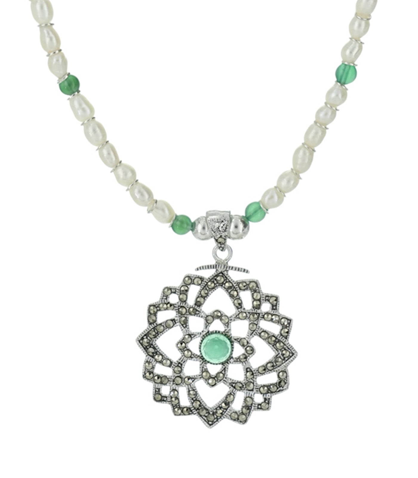Marcasite With Green Stone Necklace SET (Silver)