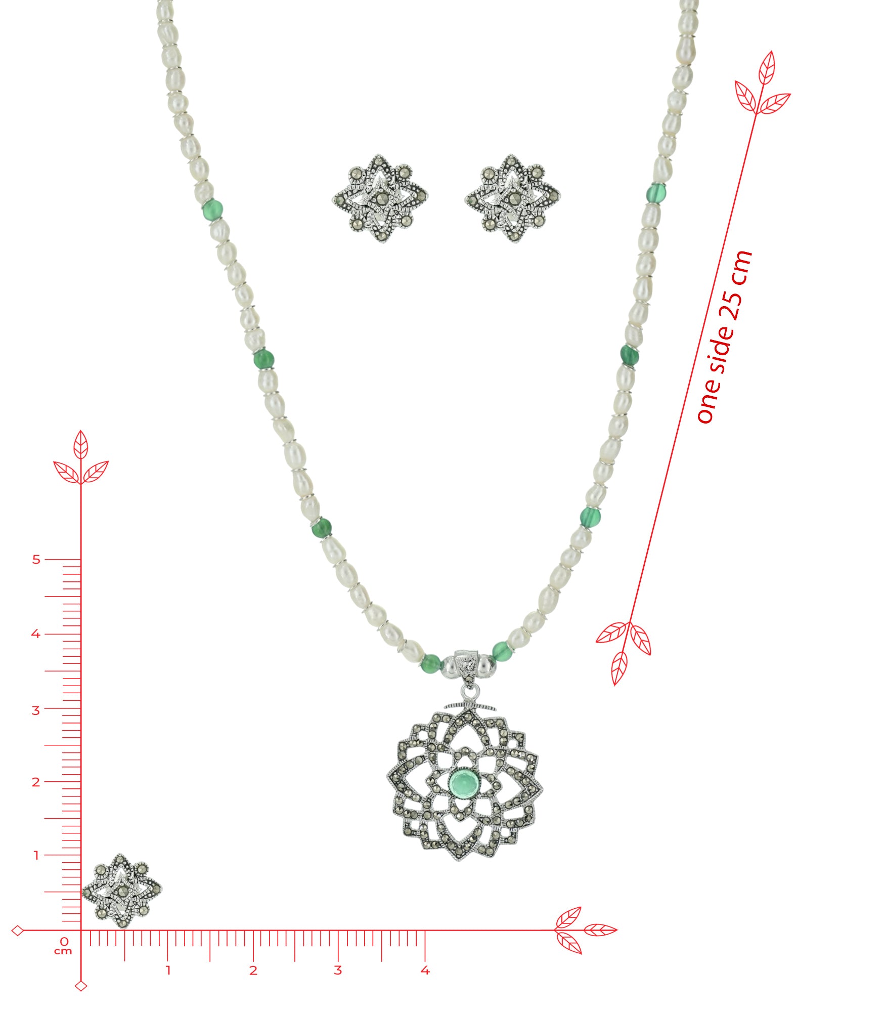 Marcasite With Green Stone Necklace SET (Silver)