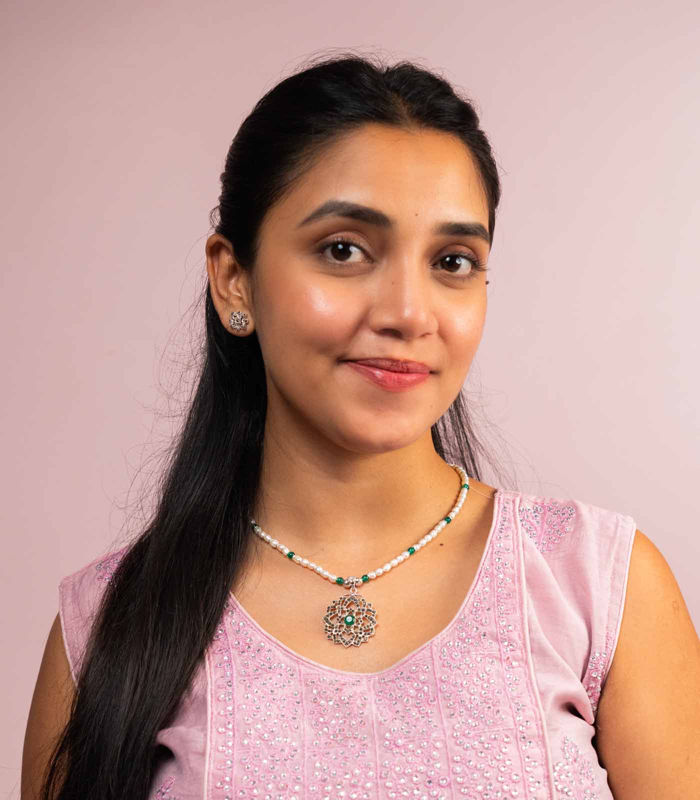 Marcasite With Green Stone Necklace SET (Silver)