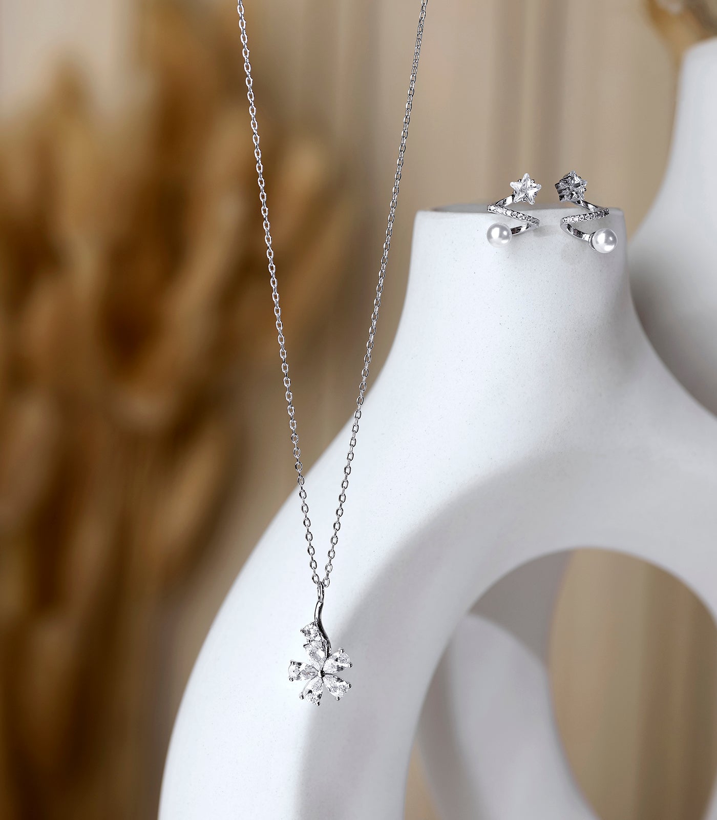 Pearl Bloom Necklace Set (Silver)
