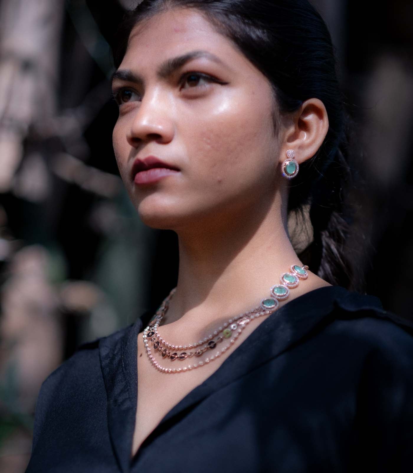 Green Stone Necklace Set (Silver)