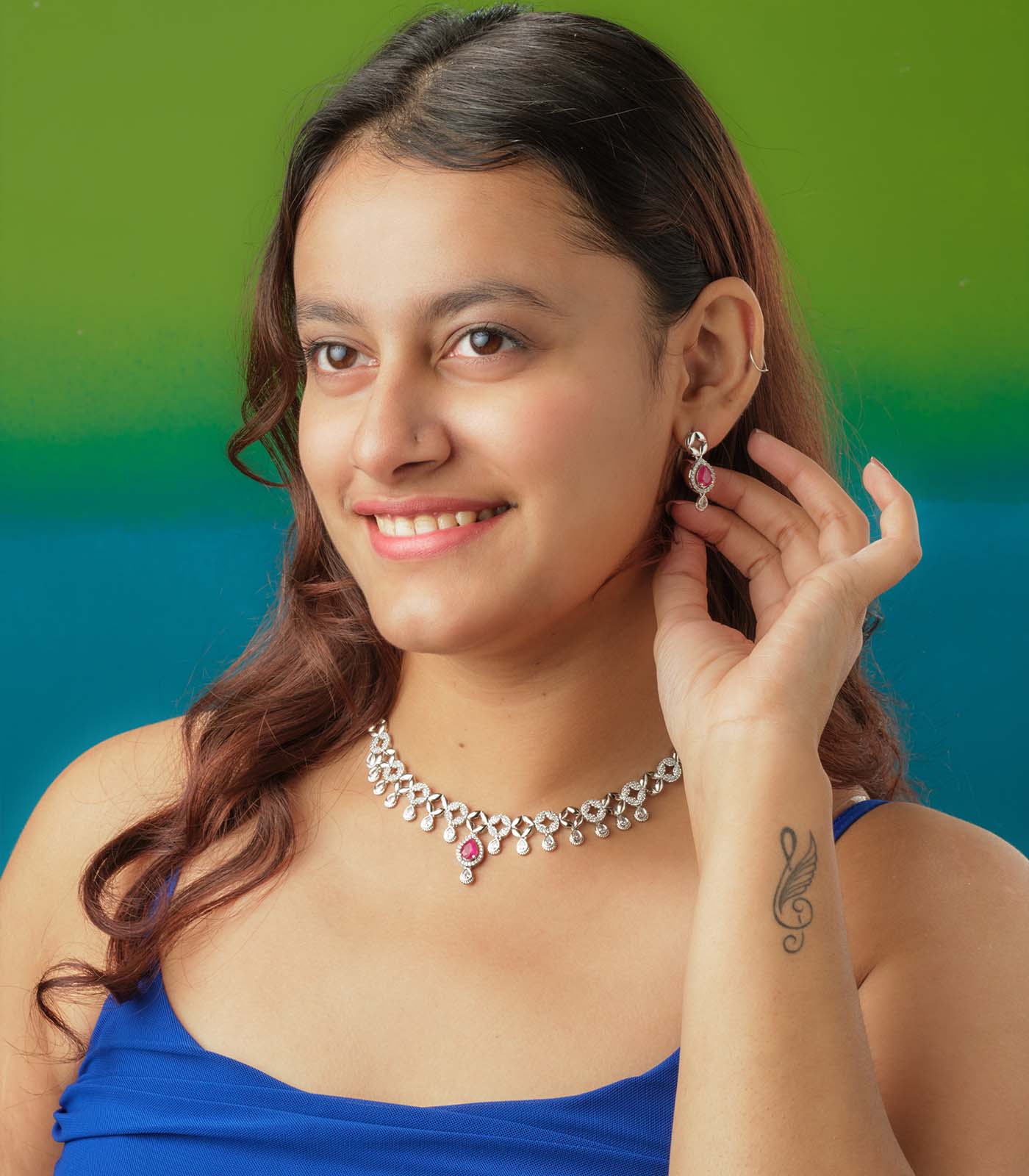 Pink Stone Twilight Charm Necklace Set (Silver)