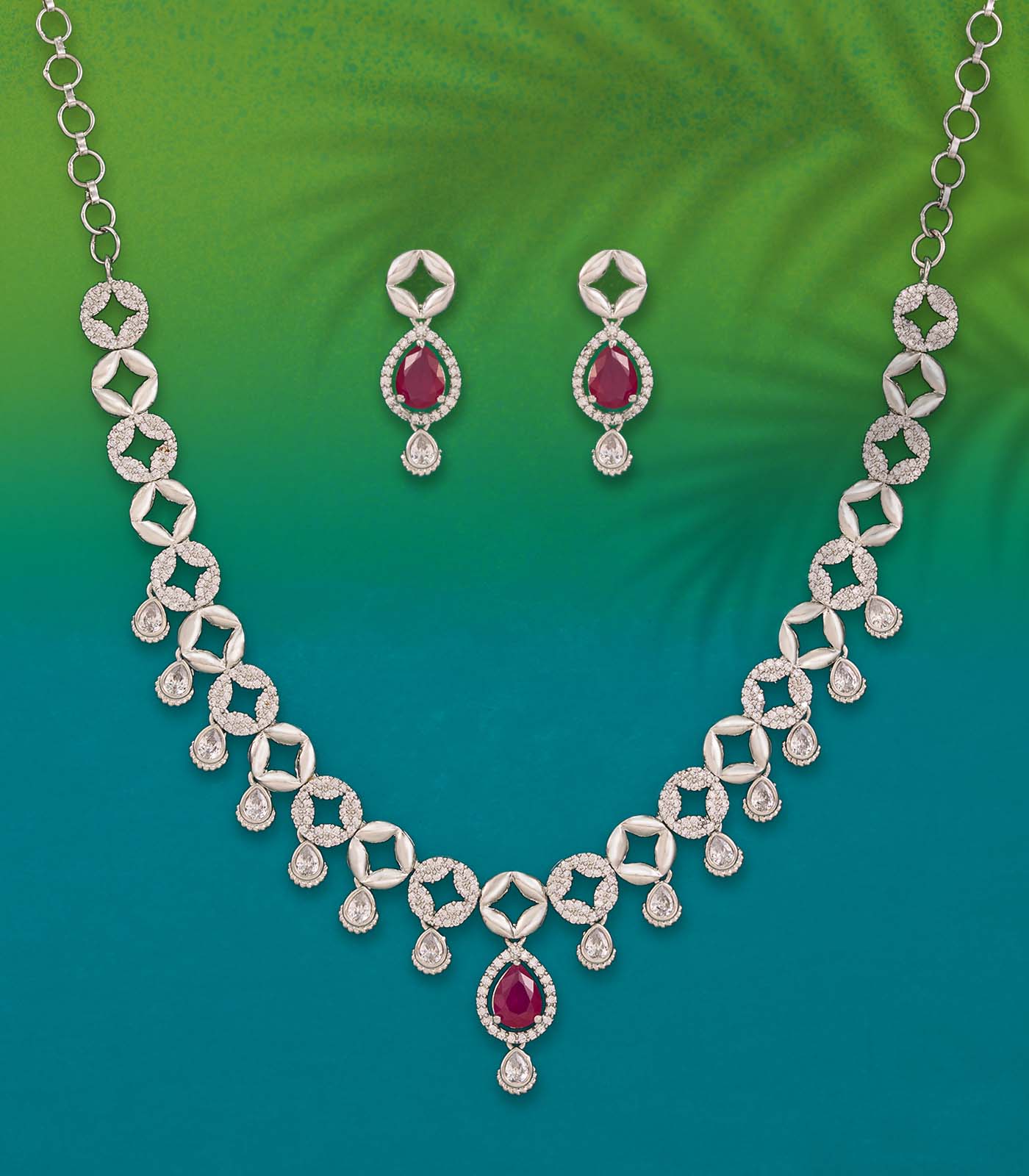 Pink Stone Twilight Charm Necklace Set (Silver)
