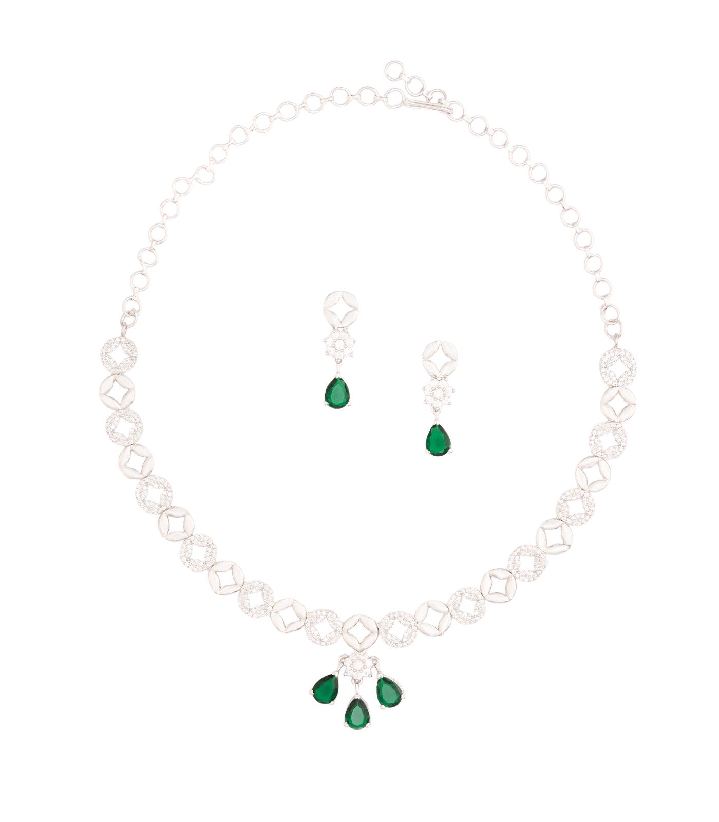 Green Stone Steller Grace Necklace Set (Silver)
