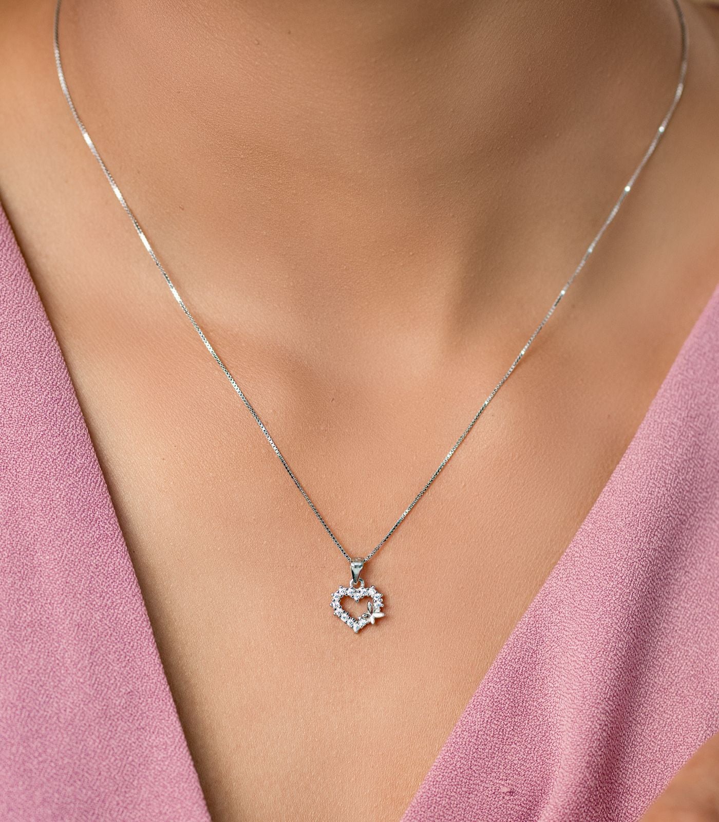 Buttterfly Stone Heart Pendant Set (Silver)