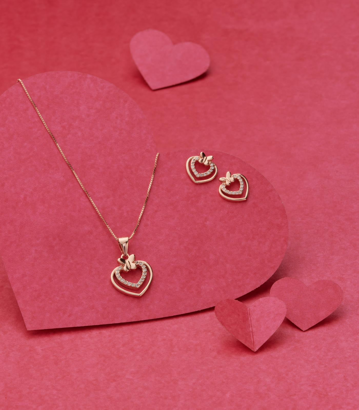 Buttterfly Stone Heart Pendant Set (Silver)