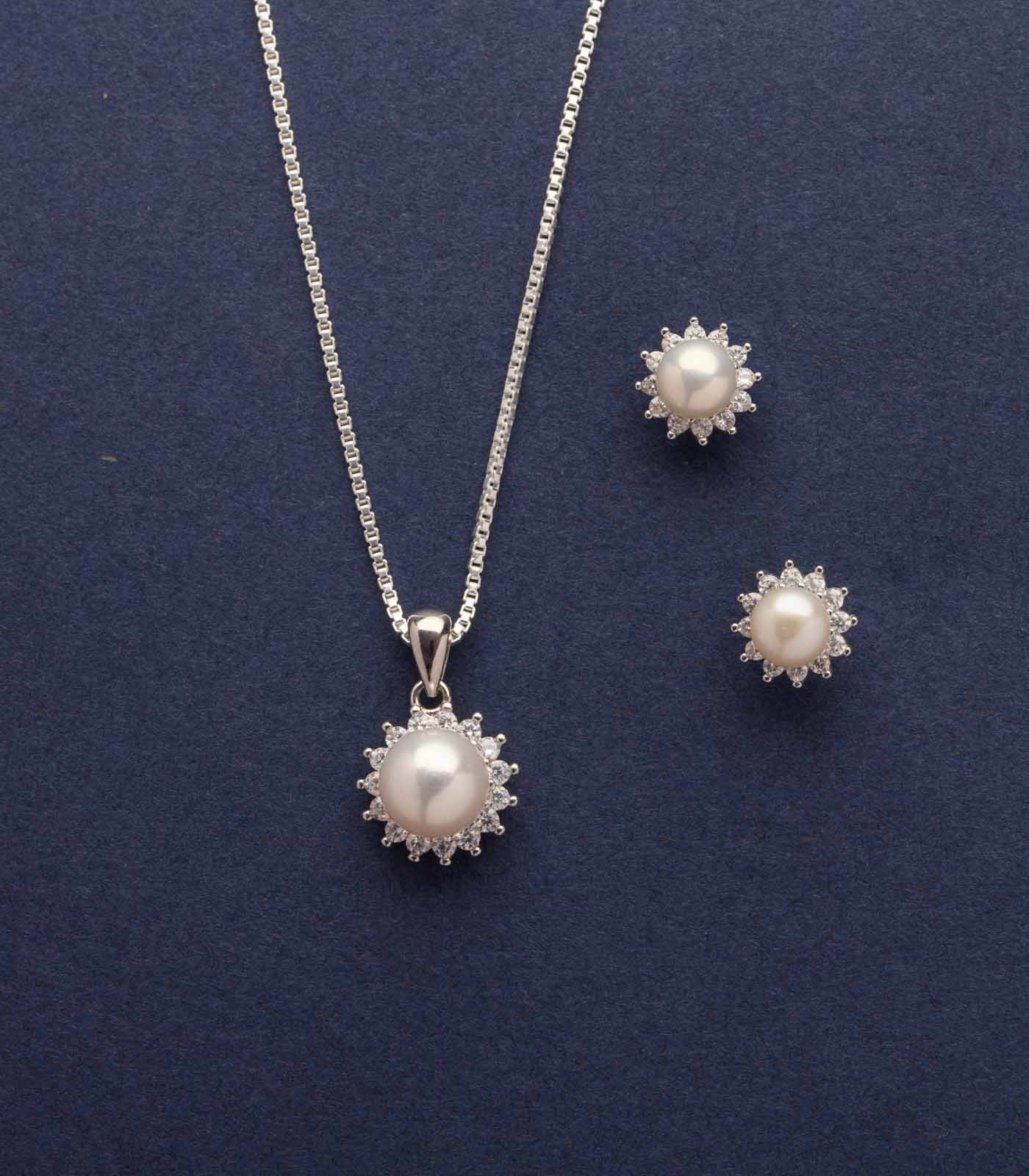 Floracion Pearl Necklace Set (Silver)